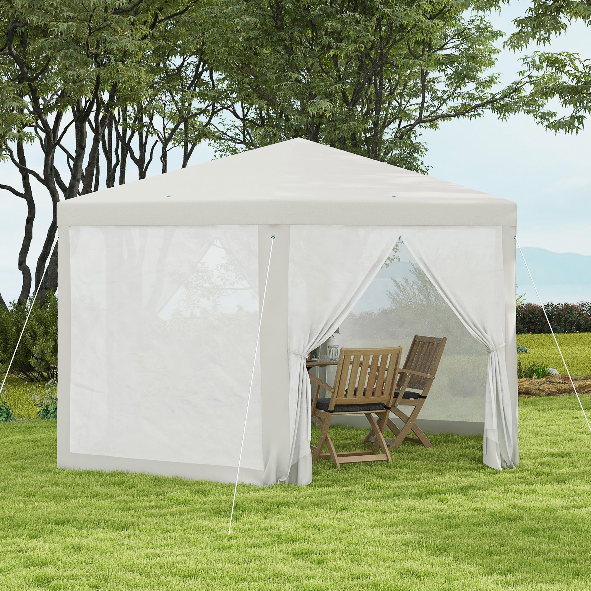 Outsunny Φ13' Hexagon Party Tent Patio Gazebo Outdoor Activity Event Canopy Quick Sun Shelter Pavilion with Netting Mesh Sidewall Cream White