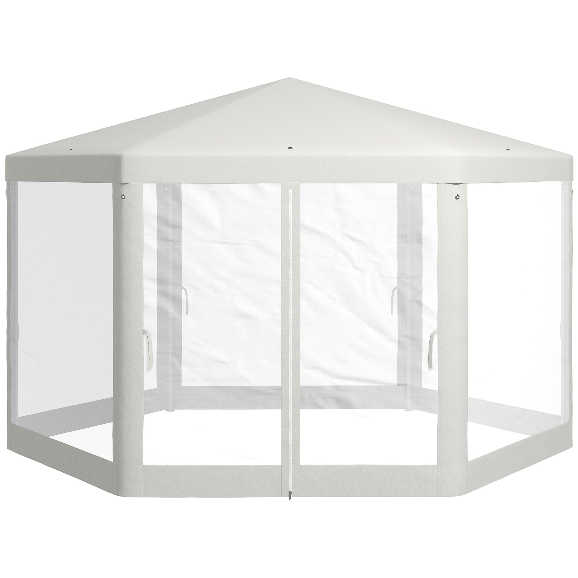 Outsunny Φ13' Hexagon Party Tent Patio Gazebo Outdoor Activity Event Canopy Quick Sun Shelter Pavilion with Netting Mesh Sidewall Cream White