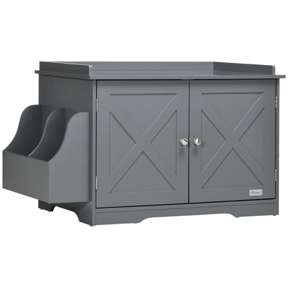 PawHut Wide & Large Cat Litter Box Furniture Hidden Farmhouse Table with Magnetic Doors, Big Covered Kitty Litter Box Enclosure Cabinet with Shelves, Pet Furniture Cat Gift Side Table, Grey