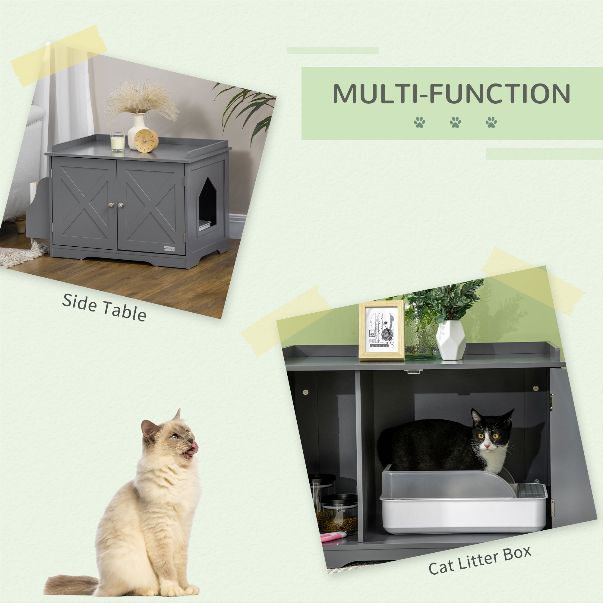 PawHut Wide & Large Cat Litter Box Furniture Hidden Farmhouse Table with Magnetic Doors, Big Covered Kitty Litter Box Enclosure Cabinet with Shelves, Pet Furniture Cat Gift Side Table, Grey