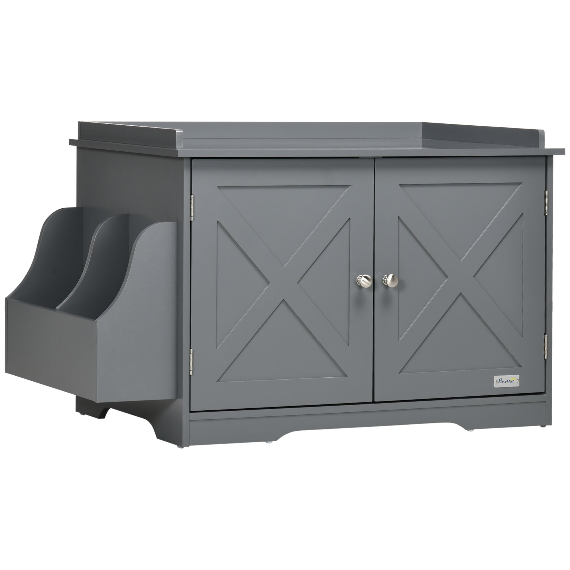PawHut Wide & Large Cat Litter Box Furniture Hidden Farmhouse Table with Magnetic Doors, Big Covered Kitty Litter Box Enclosure Cabinet with Shelves, Pet Furniture Cat Gift Side Table, Grey