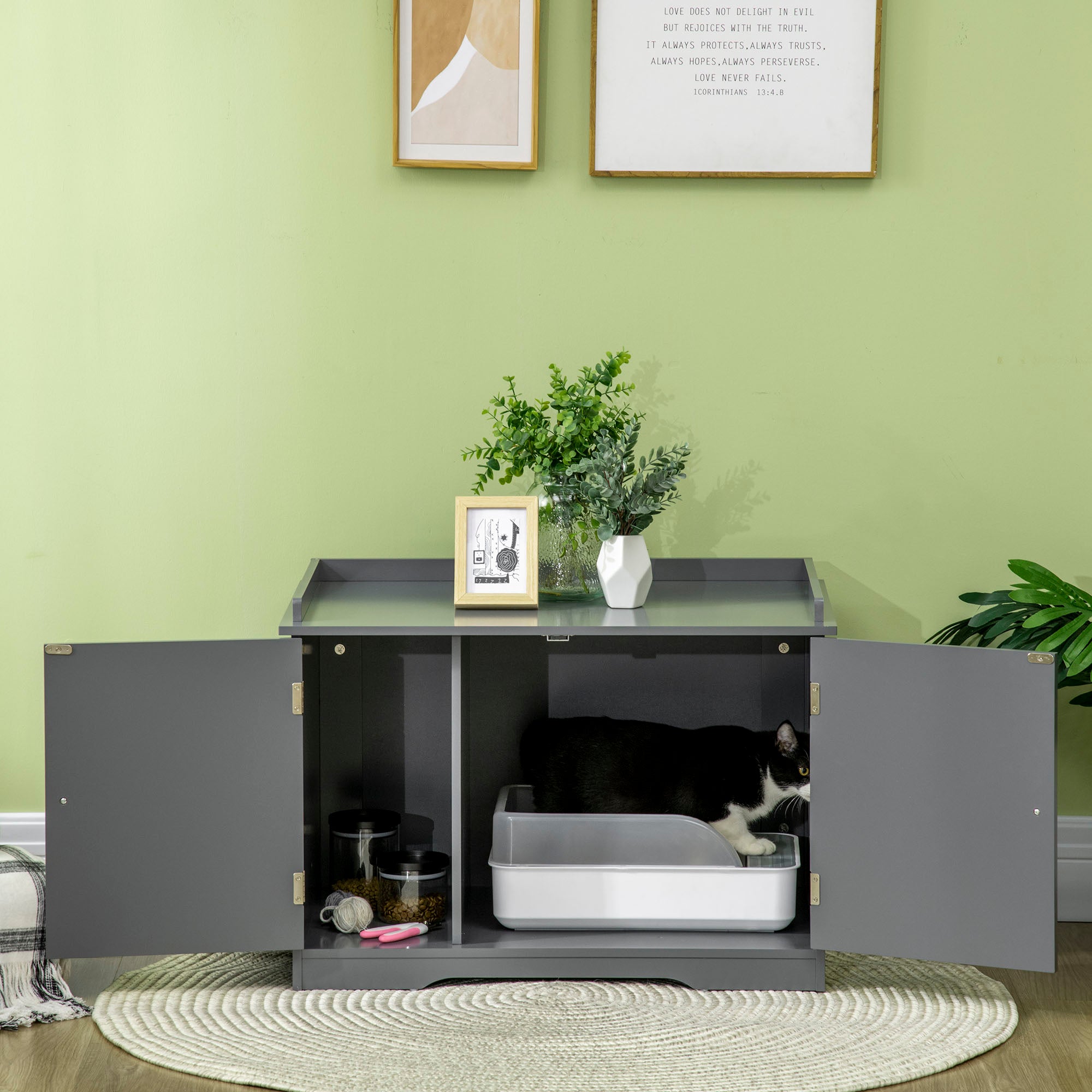 PawHut Wide & Large Cat Litter Box Furniture Hidden Farmhouse Table with Magnetic Doors, Big Covered Kitty Litter Box Enclosure Cabinet with Shelves, Pet Furniture Cat Gift Side Table, Grey