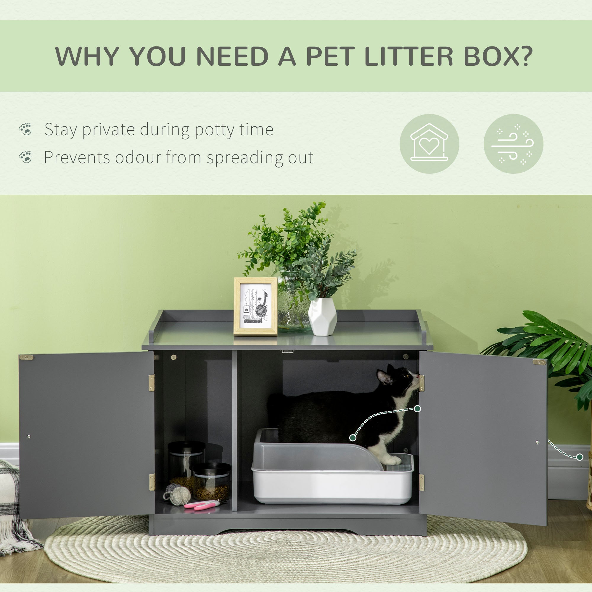 PawHut Wide & Large Cat Litter Box Furniture Hidden Farmhouse Table with Magnetic Doors, Big Covered Kitty Litter Box Enclosure Cabinet with Shelves, Pet Furniture Cat Gift Side Table, Grey