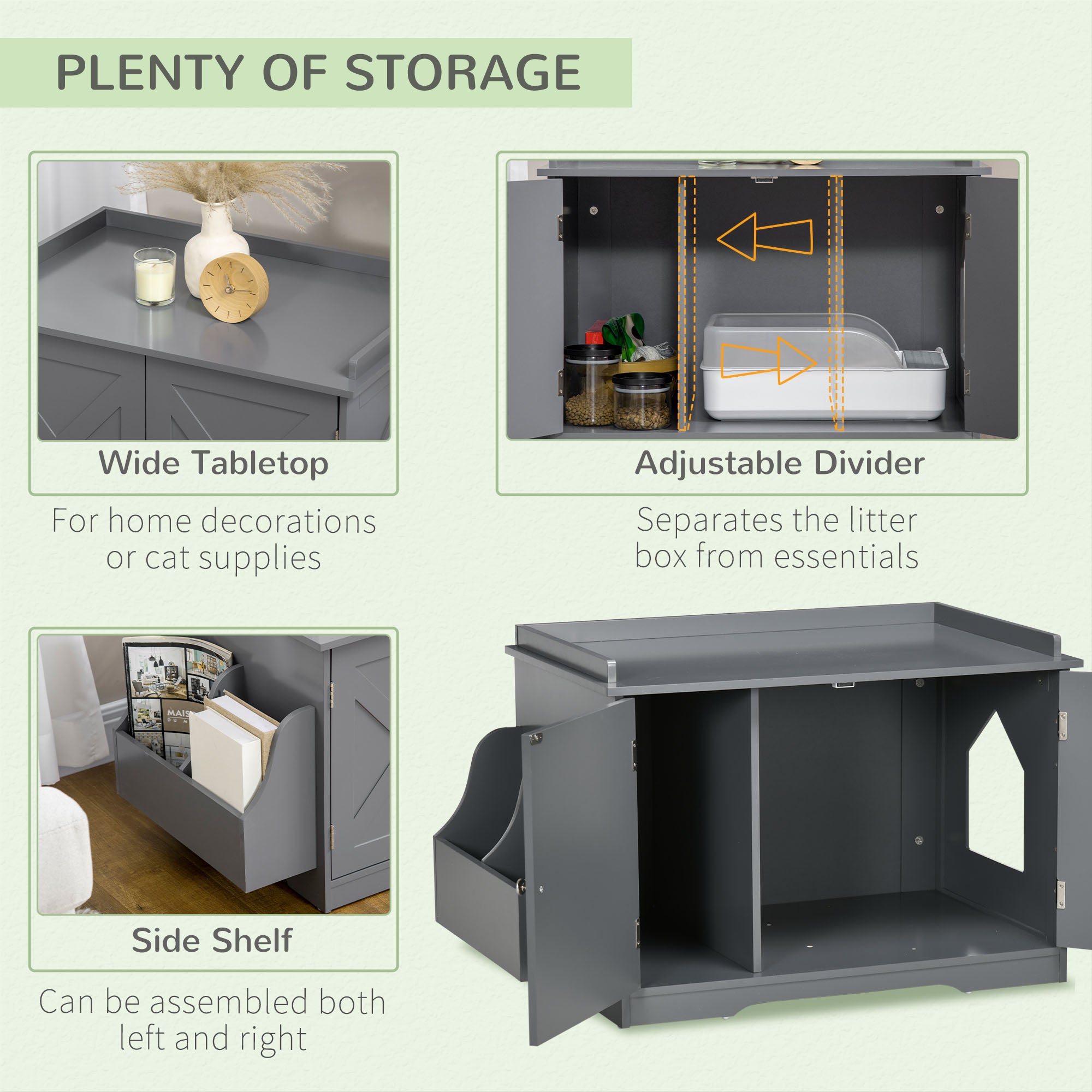 PawHut Wide & Large Cat Litter Box Furniture Hidden Farmhouse Table with Magnetic Doors, Big Covered Kitty Litter Box Enclosure Cabinet with Shelves, Pet Furniture Cat Gift Side Table, Grey