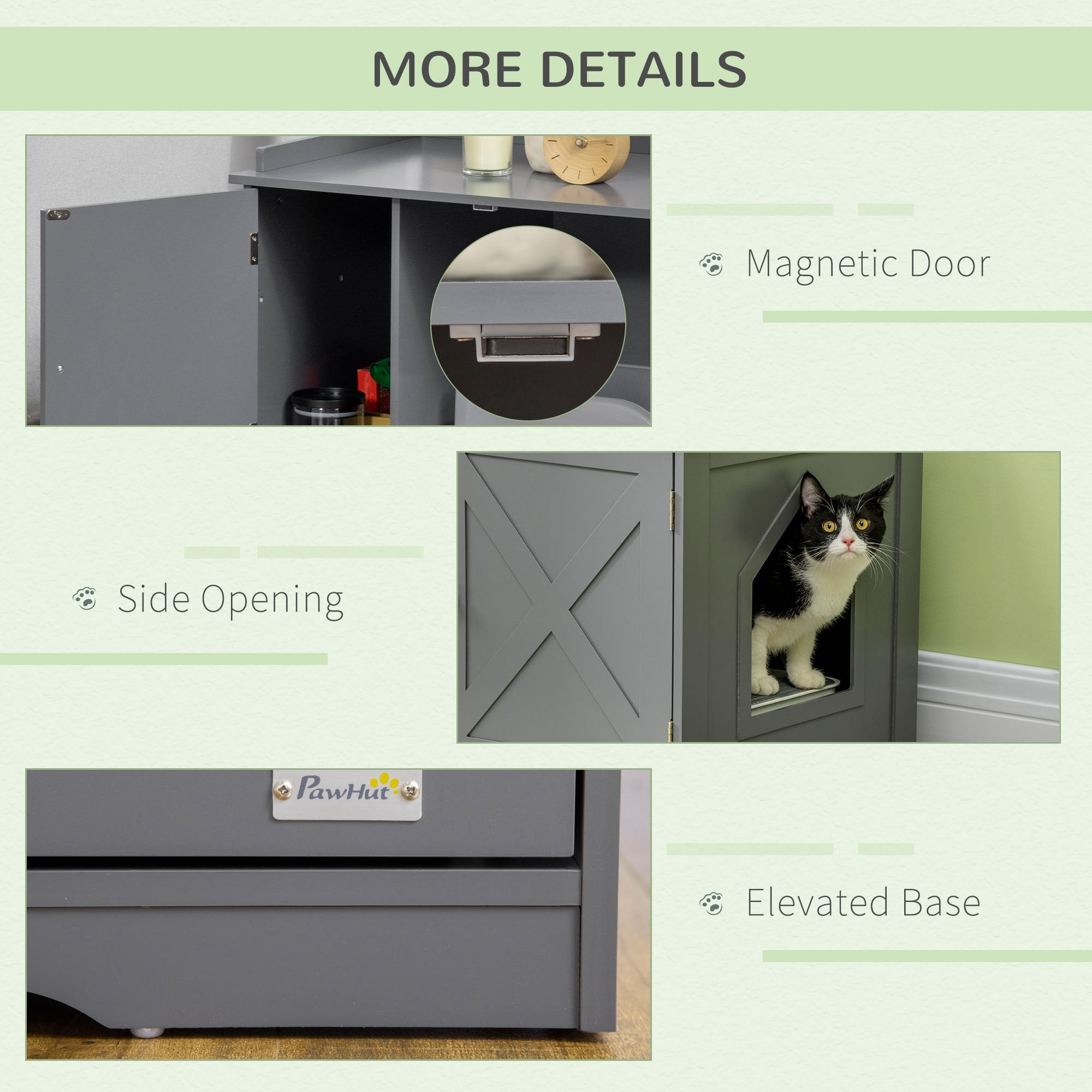 PawHut Wide & Large Cat Litter Box Furniture Hidden Farmhouse Table with Magnetic Doors, Big Covered Kitty Litter Box Enclosure Cabinet with Shelves, Pet Furniture Cat Gift Side Table, Grey