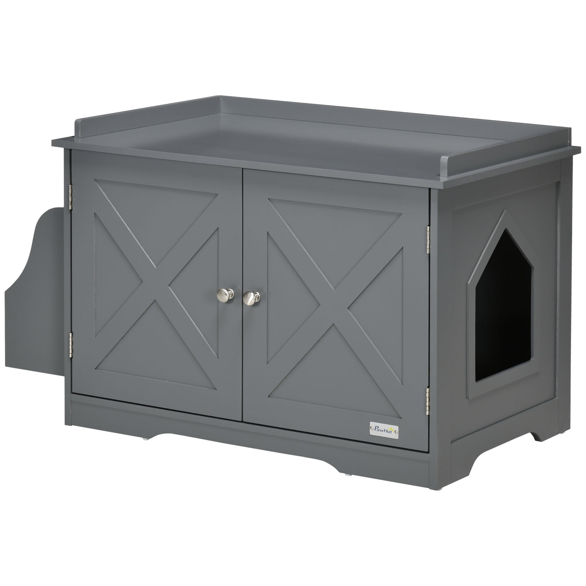 PawHut Wide & Large Cat Litter Box Furniture Hidden Farmhouse Table with Magnetic Doors, Big Covered Kitty Litter Box Enclosure Cabinet with Shelves, Pet Furniture Cat Gift Side Table, Grey