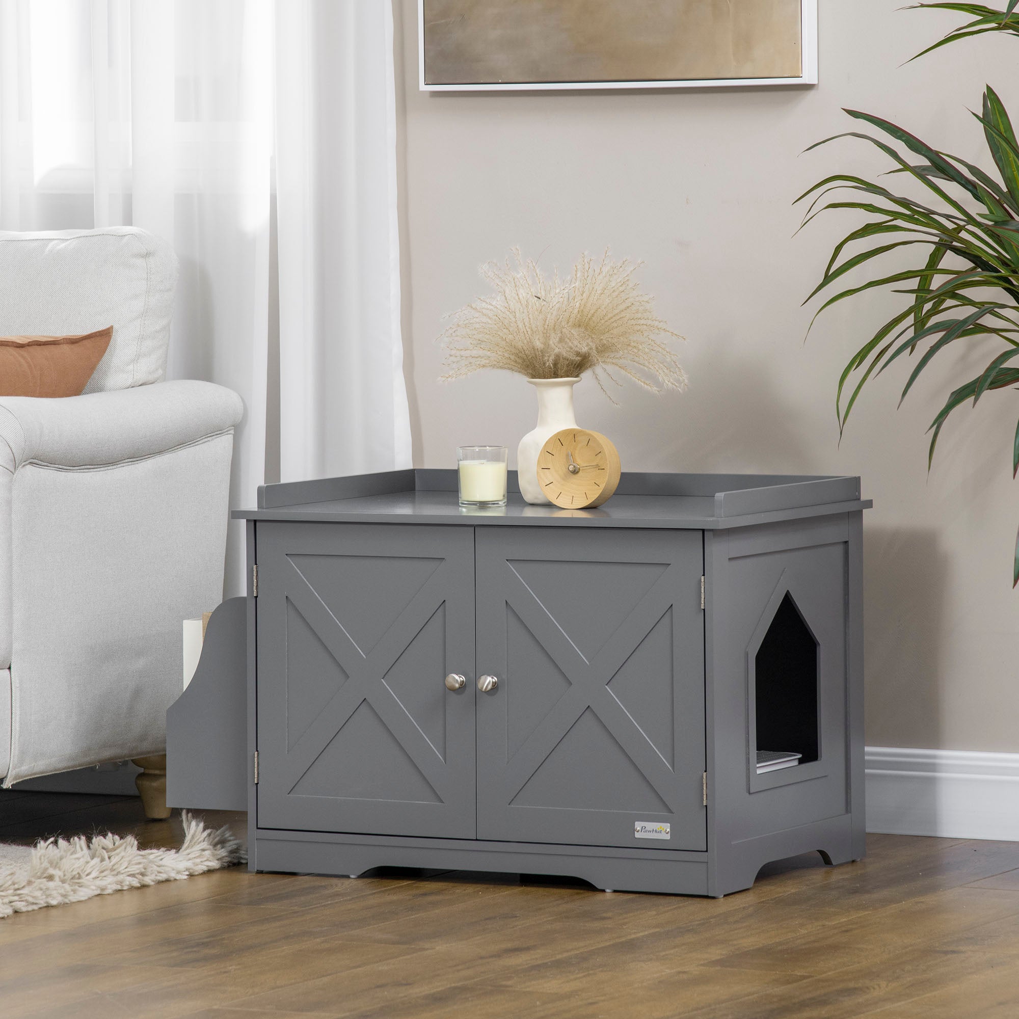 PawHut Wide & Large Cat Litter Box Furniture Hidden Farmhouse Table with Magnetic Doors, Big Covered Kitty Litter Box Enclosure Cabinet with Shelves, Pet Furniture Cat Gift Side Table, Grey