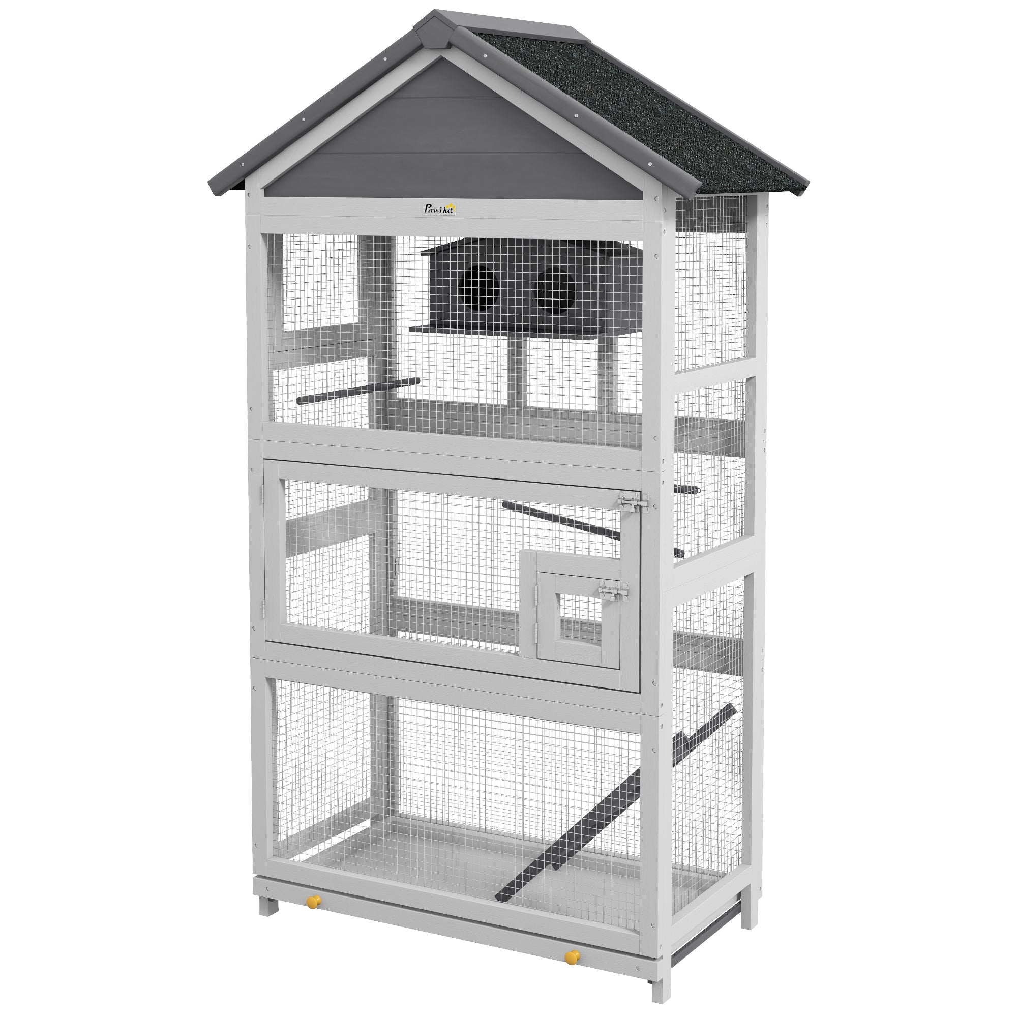 PawHut Wooden Bird Cage, 67" Parrot Cage with Perches, Bird House, Ladder, Slide-Out Tray for Finches, Parakeets, Small Birds, Indoor Outdoor Use, Grey