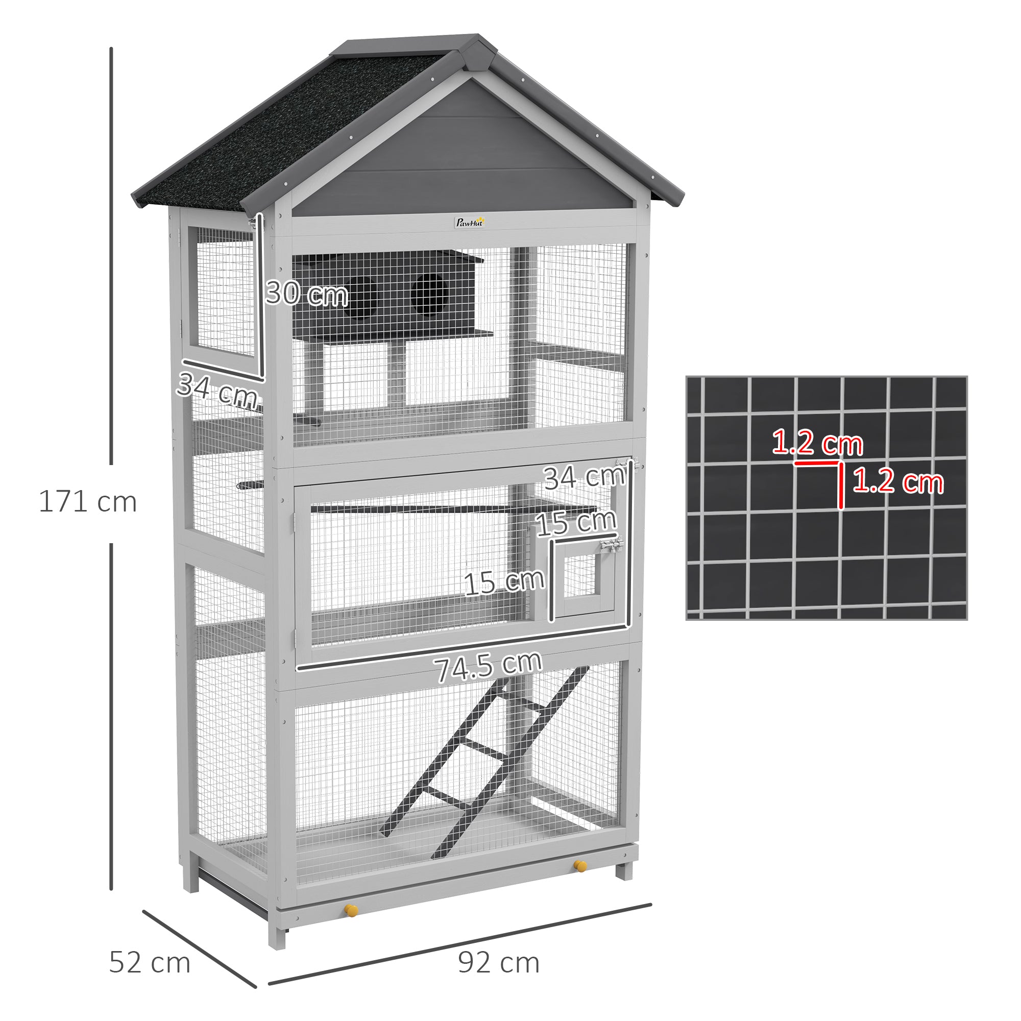 PawHut Wooden Bird Cage Budgie cage, Bird Aviary Outdoor Birdhouse for Finches, Parakeets - Grey