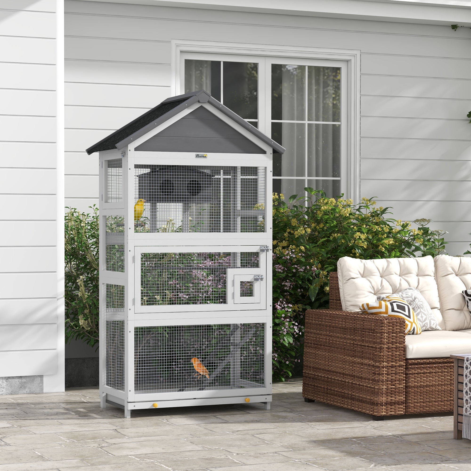 PawHut Wooden Bird Cage Budgie cage, Bird Aviary Outdoor Birdhouse for Finches, Parakeets - Grey