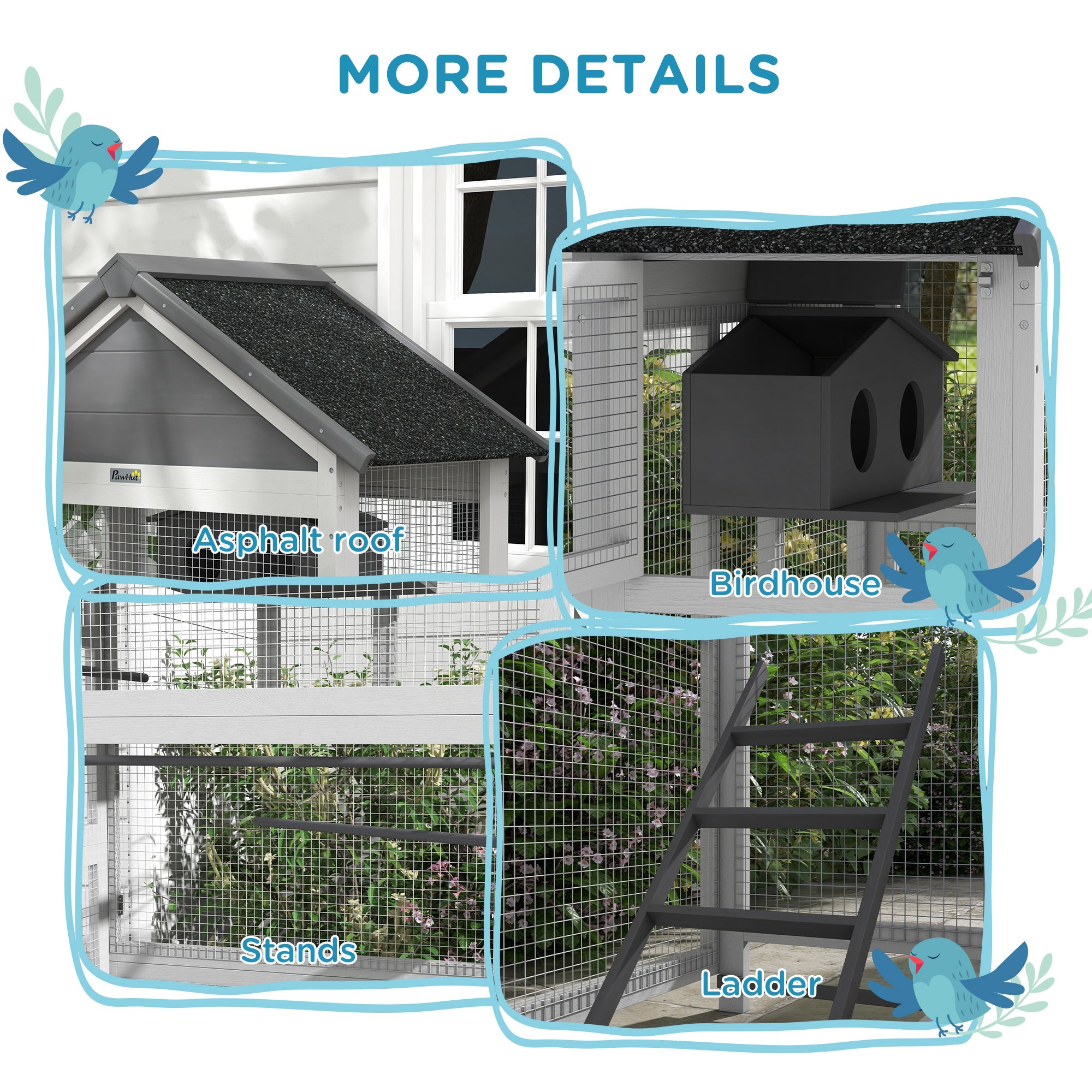 PawHut Wooden Bird Cage, 67" Parrot Cage with Perches, Bird House, Ladder, Slide-Out Tray for Finches, Parakeets, Small Birds, Indoor Outdoor Use, Grey