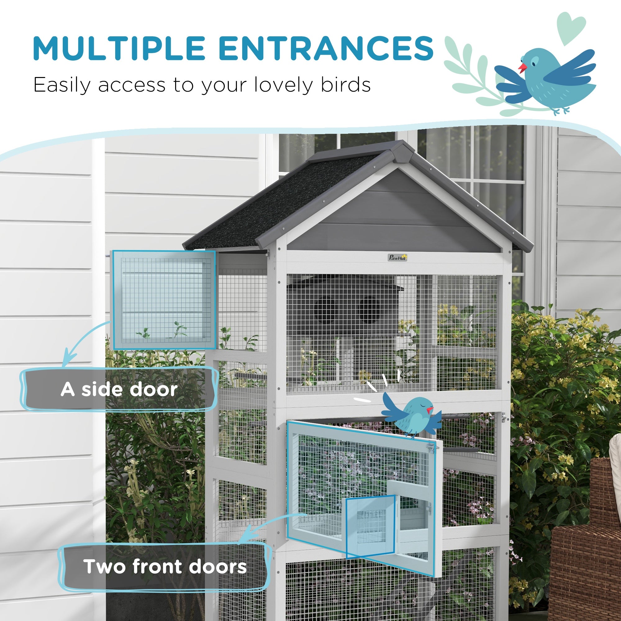 PawHut Wooden Bird Cage Budgie cage, Bird Aviary Outdoor Birdhouse for Finches, Parakeets - Grey