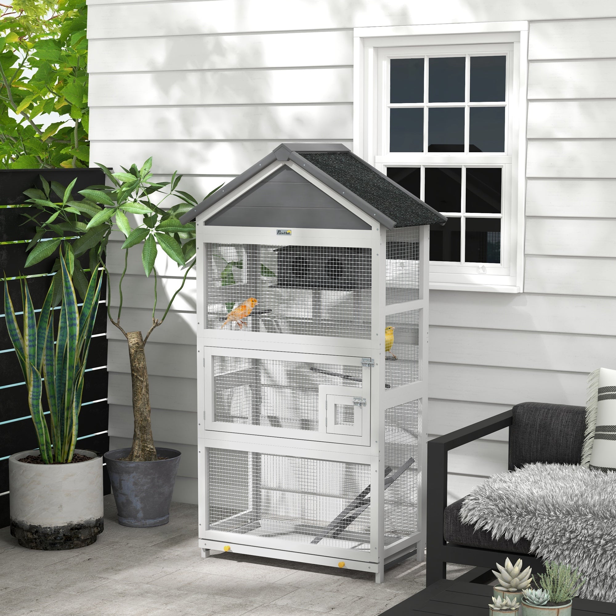 PawHut Wooden Bird Cage Budgie cage, Bird Aviary Outdoor Birdhouse for Finches, Parakeets - Grey