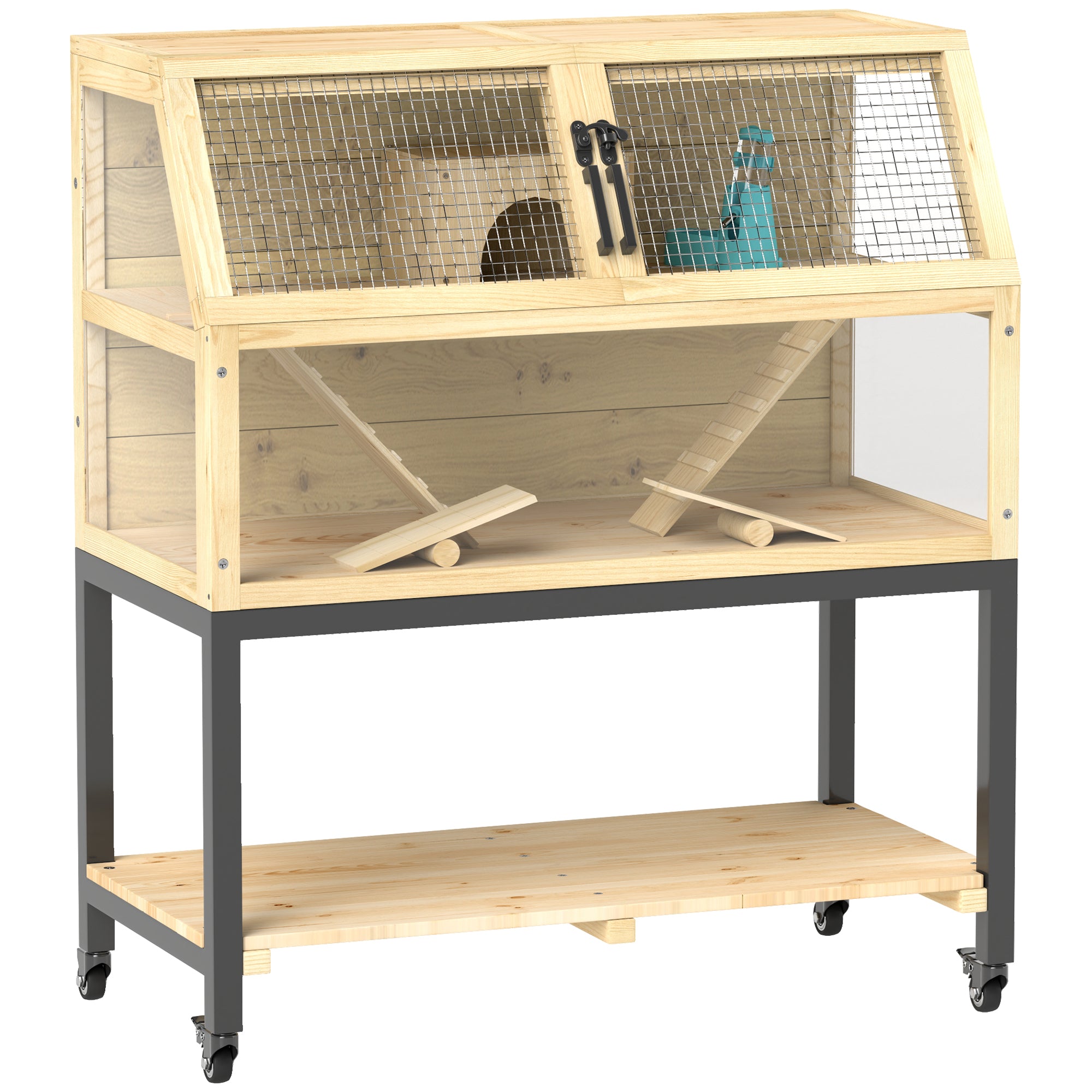 PawHut Hamster Cage, Wooden Gerbil Cage with Storage Shelf, Wheels, Ramps, Water Bottle, Hut, Seesaws, for Dwarf, Syrian, Gerbil