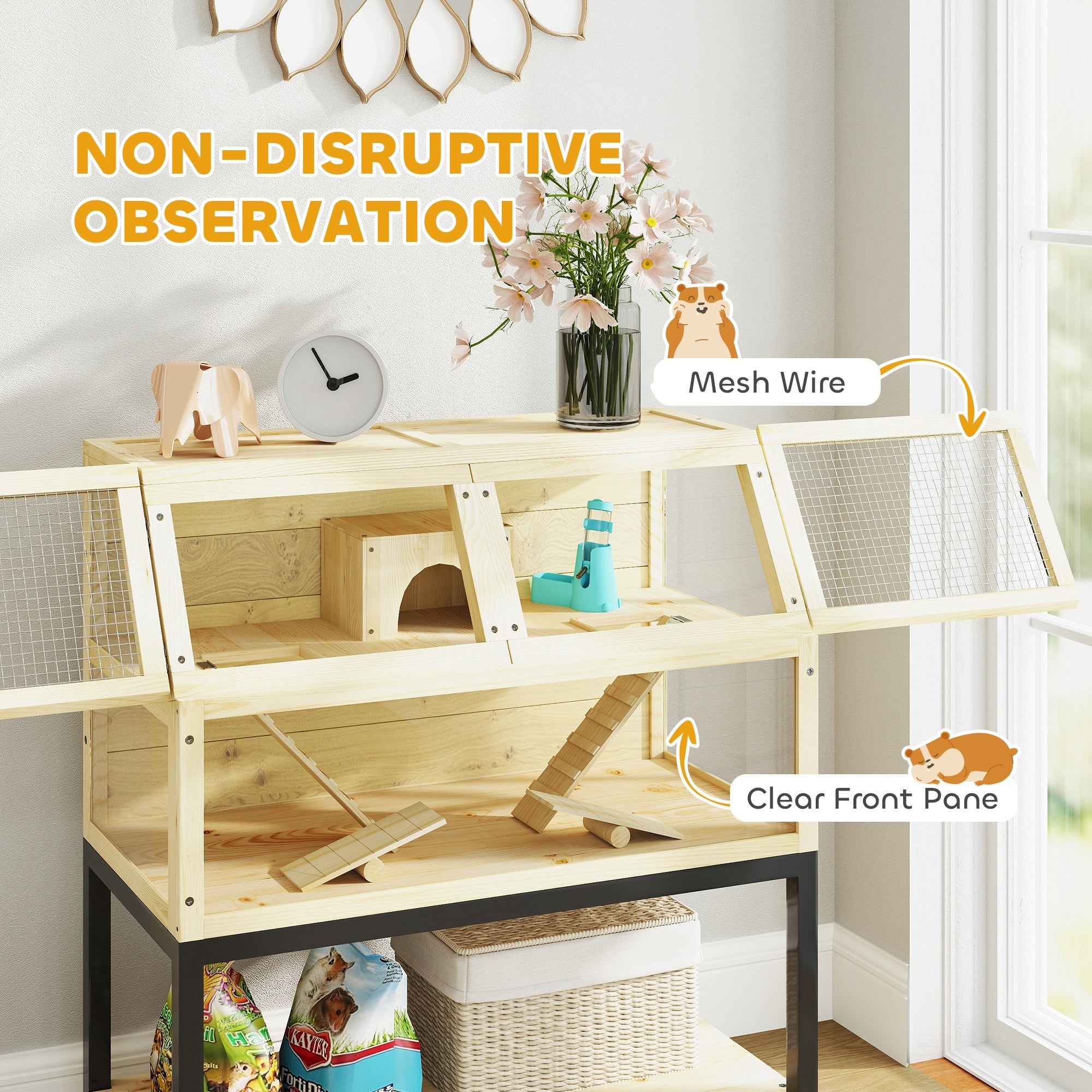PawHut Hamster Cage with Storage Shelf, Wooden Rat Cage on Wheel, Small Aniaml Cage with Seesaws, Water Bottle, Hut & Ramps, for Dwarf, Gerbil, Syrian Hamster, Mouse, 34"L x 17"W x 40"H