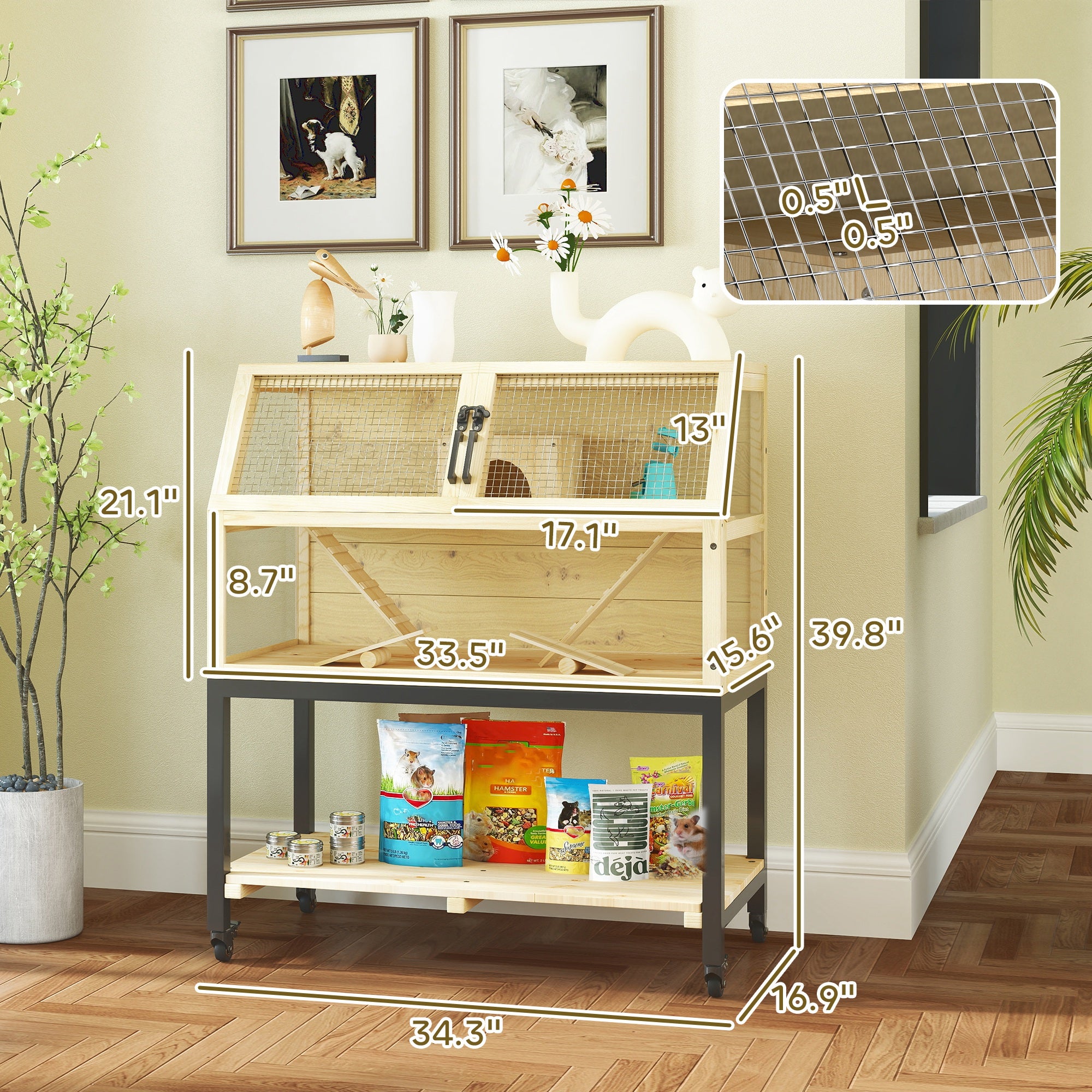 PawHut Hamster Cage with Storage Shelf, Wooden Rat Cage on Wheel, Small Aniaml Cage with Seesaws, Water Bottle, Hut & Ramps, for Dwarf, Gerbil, Syrian Hamster, Mouse, 34"L x 17"W x 40"H