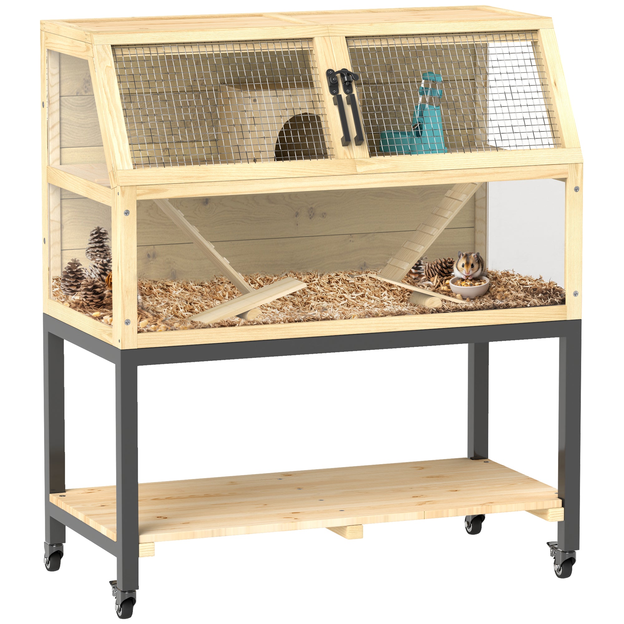 PawHut Hamster Cage with Storage Shelf, Wooden Rat Cage on Wheel, Small Aniaml Cage with Seesaws, Water Bottle, Hut & Ramps, for Dwarf, Gerbil, Syrian Hamster, Mouse, 34"L x 17"W x 40"H