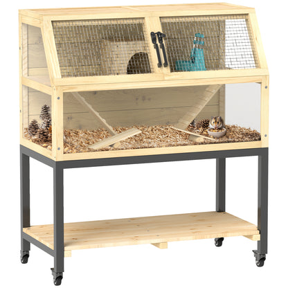 PawHut Hamster Cage with Storage Shelf, Wooden Rat Cage on Wheel, Small Aniaml Cage with Seesaws, Water Bottle, Hut & Ramps, for Dwarf, Gerbil, Syrian Hamster, Mouse, 34"L x 17"W x 40"H