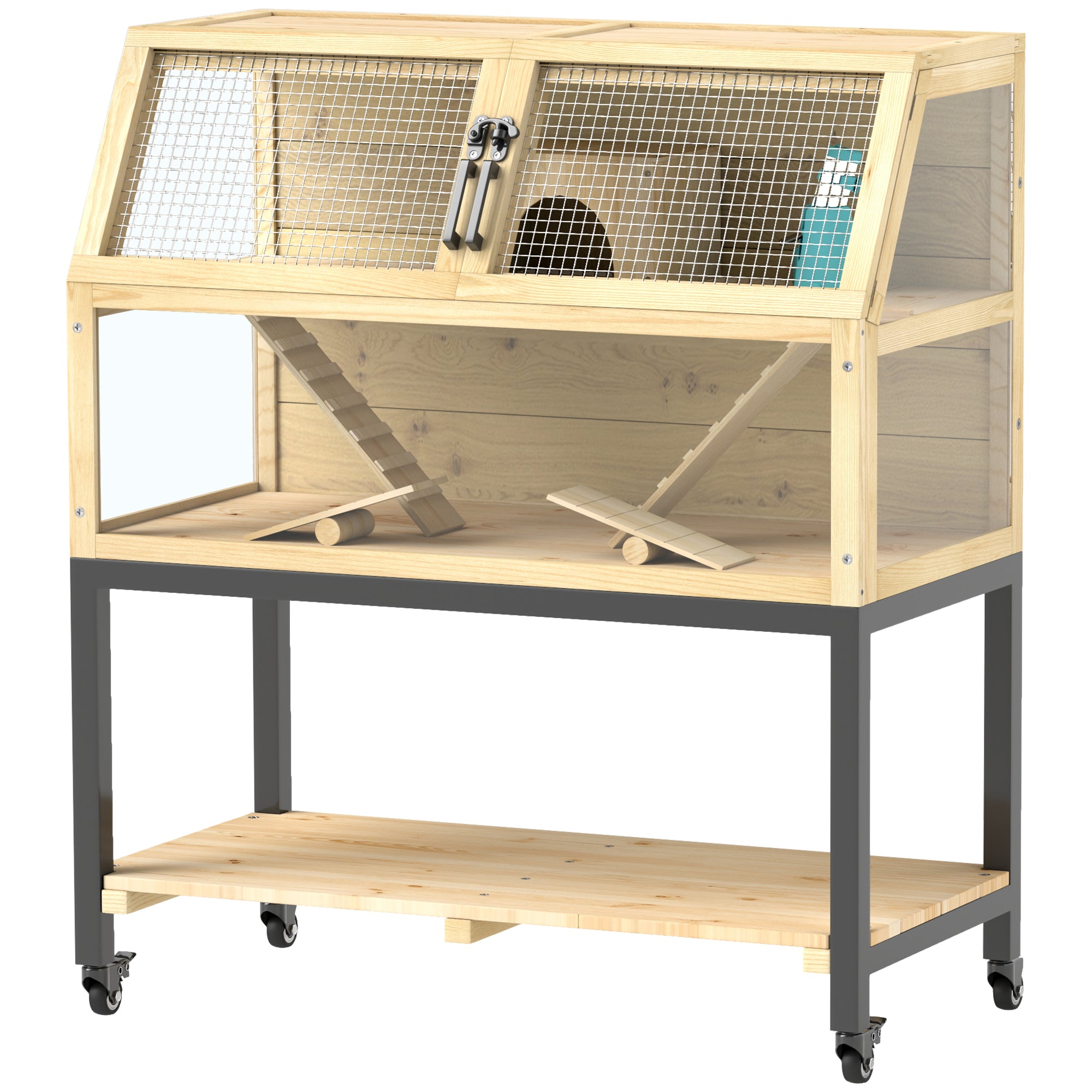 PawHut Hamster Cage, Wooden Gerbil Cage with Storage Shelf, Wheels, Ramps, Water Bottle, Hut, Seesaws, for Dwarf, Syrian, Gerbil
