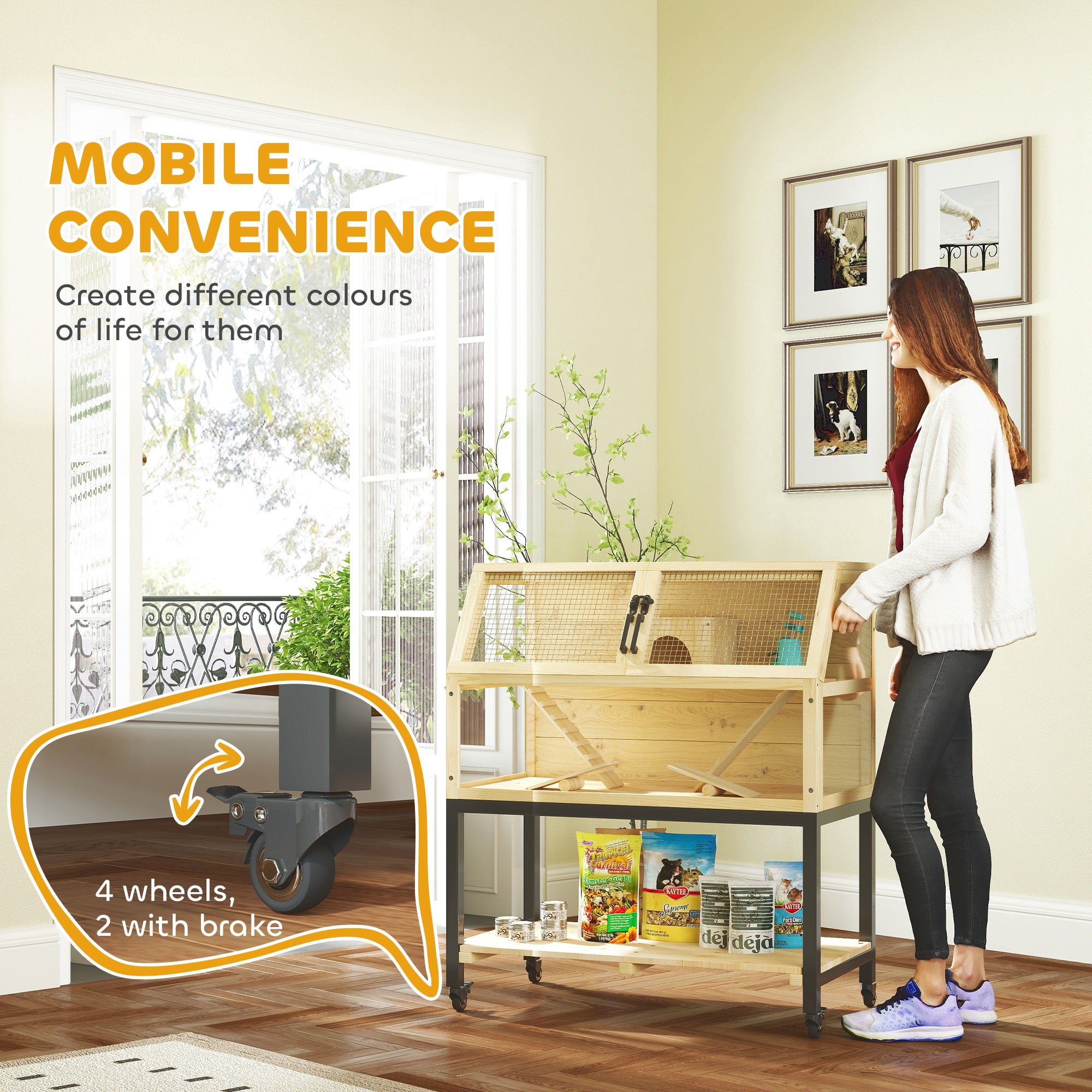 PawHut Hamster Cage with Storage Shelf, Wooden Rat Cage on Wheel, Small Aniaml Cage with Seesaws, Water Bottle, Hut & Ramps, for Dwarf, Gerbil, Syrian Hamster, Mouse, 34"L x 17"W x 40"H