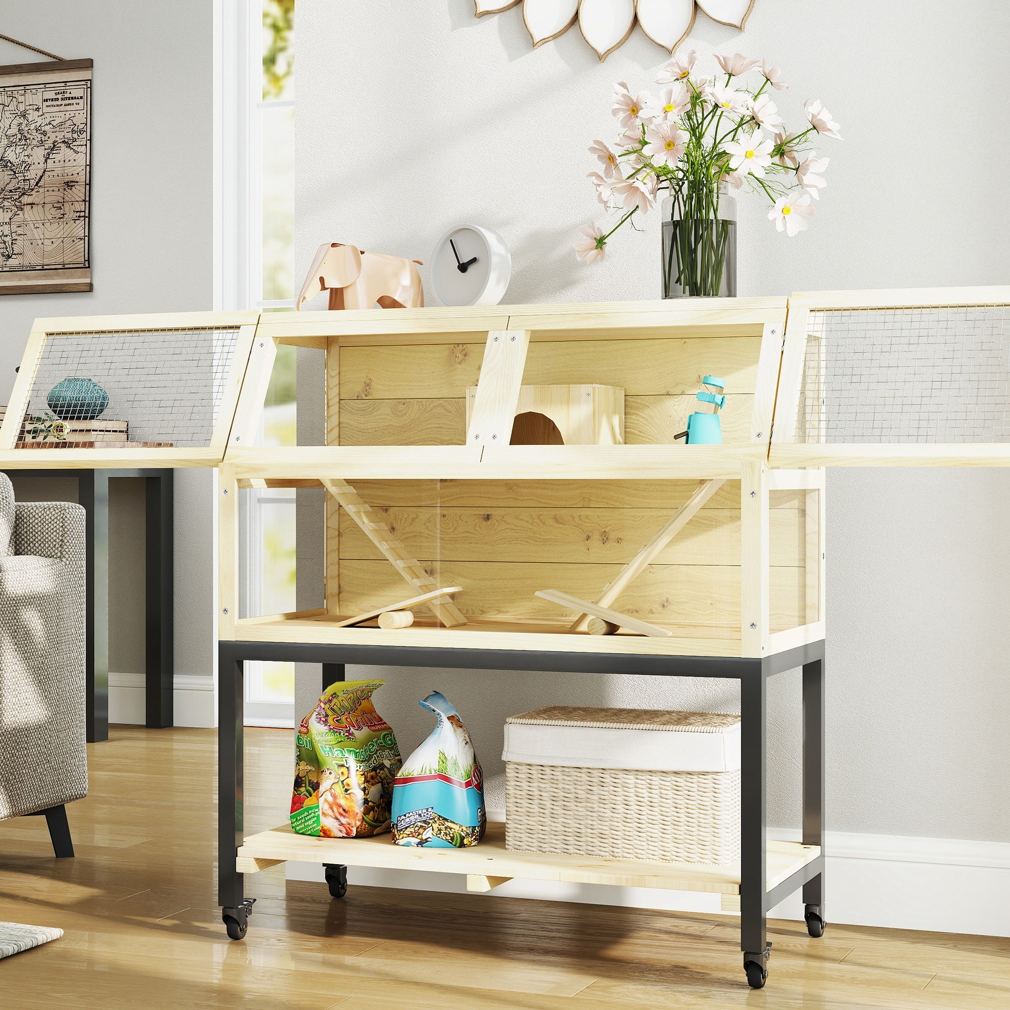 PawHut Hamster Cage with Storage Shelf, Wooden Rat Cage on Wheel, Small Aniaml Cage with Seesaws, Water Bottle, Hut & Ramps, for Dwarf, Gerbil, Syrian Hamster, Mouse, 34"L x 17"W x 40"H