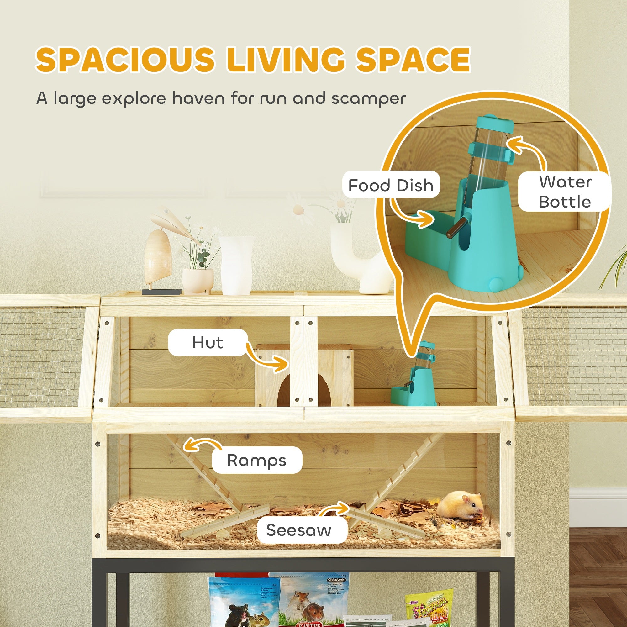 PawHut Hamster Cage, Wooden Gerbil Cage with Storage Shelf, Wheels, Ramps, Water Bottle, Hut, Seesaws, for Dwarf, Syrian, Gerbil