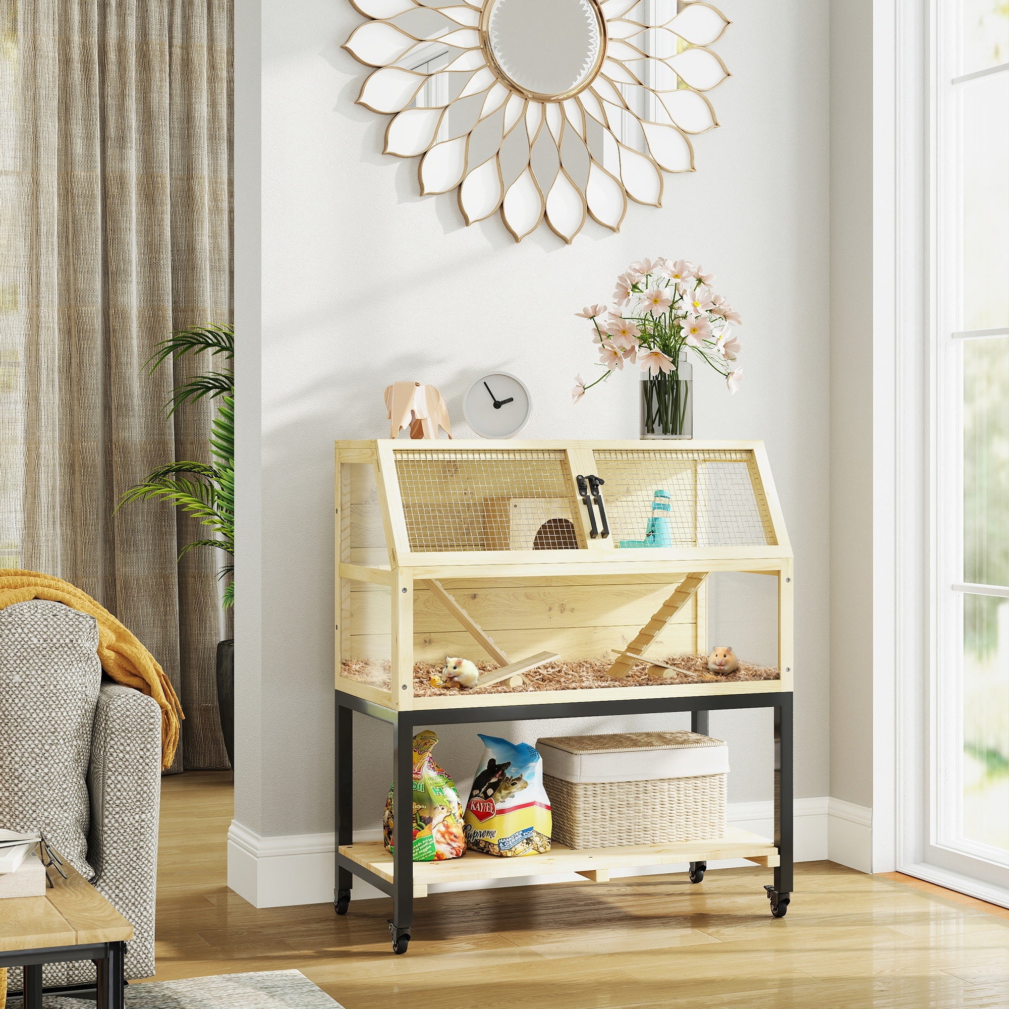 PawHut Hamster Cage with Storage Shelf, Wooden Rat Cage on Wheel, Small Aniaml Cage with Seesaws, Water Bottle, Hut & Ramps, for Dwarf, Gerbil, Syrian Hamster, Mouse, 34"L x 17"W x 40"H
