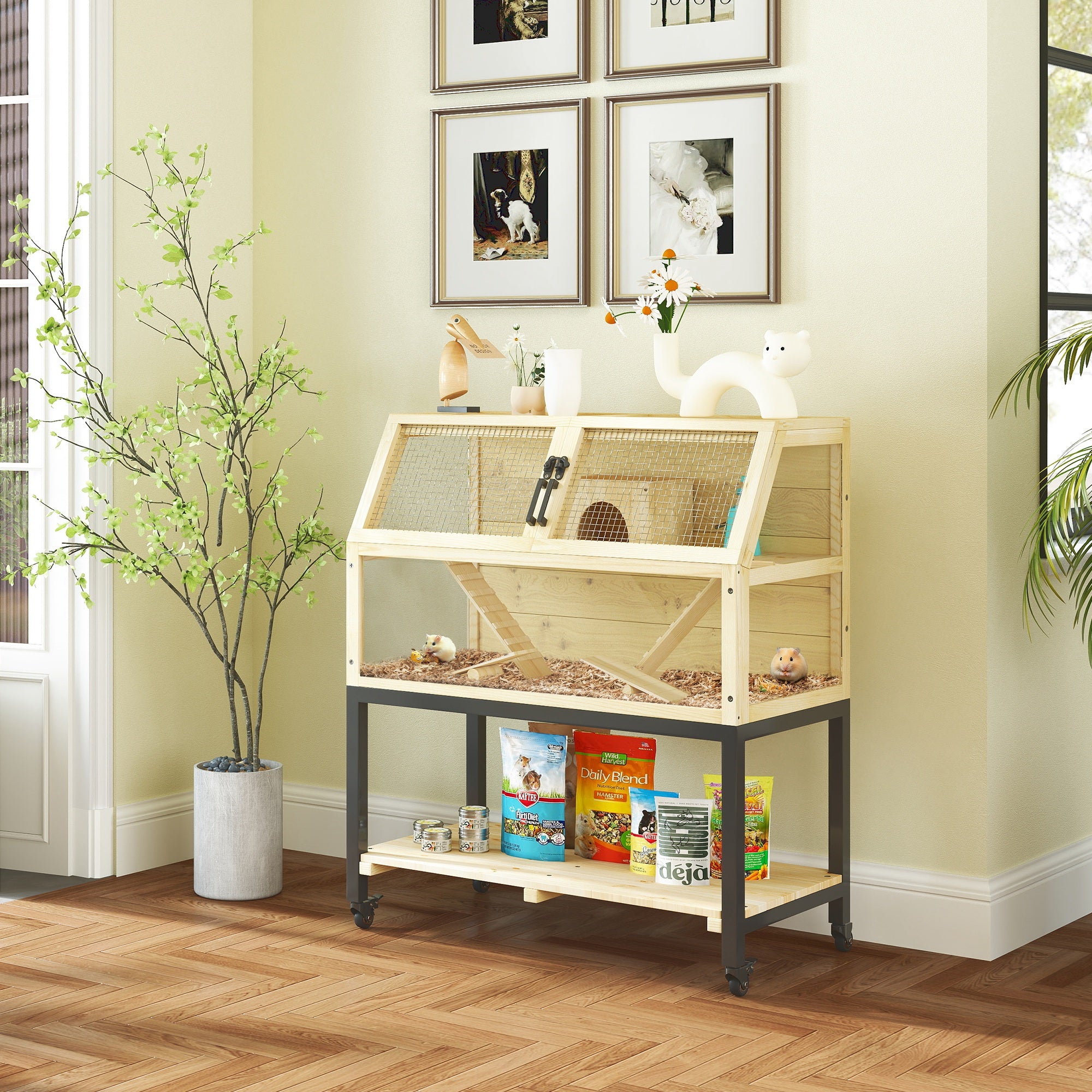 PawHut Hamster Cage with Storage Shelf, Wooden Rat Cage on Wheel, Small Aniaml Cage with Seesaws, Water Bottle, Hut & Ramps, for Dwarf, Gerbil, Syrian Hamster, Mouse, 34"L x 17"W x 40"H