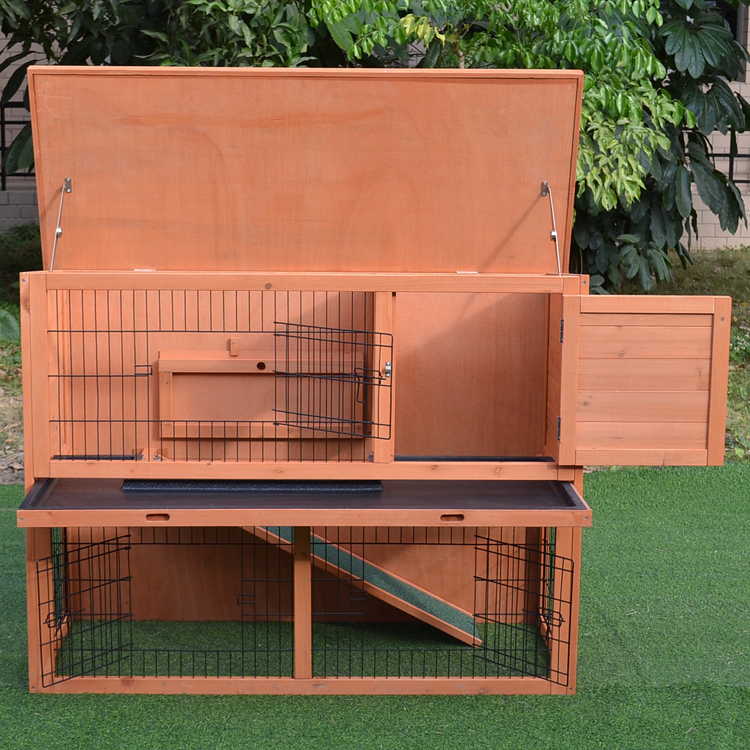 PawHut 48x20x36Inch Wooden Rabbit Hutch Backyard Bunny Cage Small Animal House w/ Outdoor Run, Red