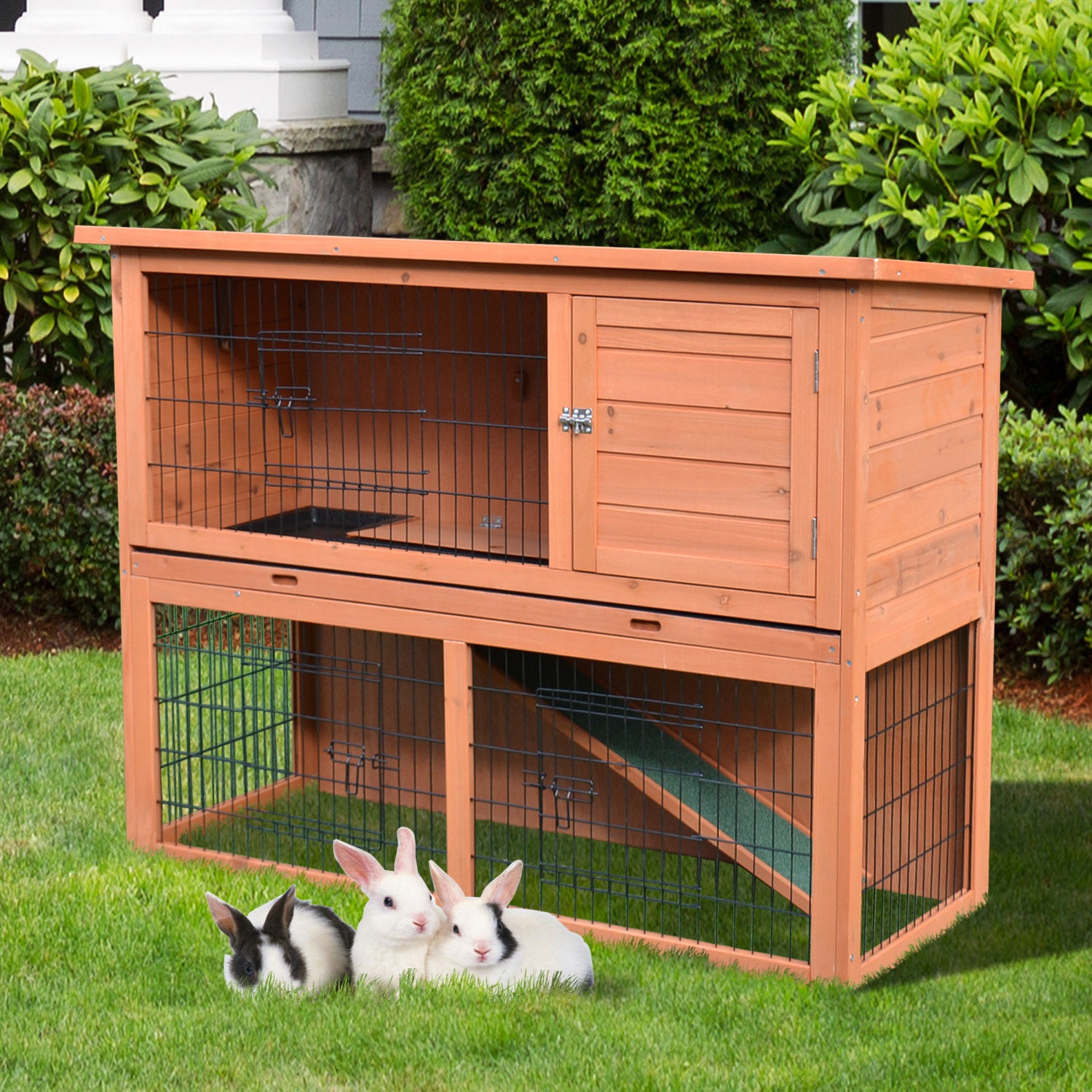 PawHut 48x20x36Inch Wooden Rabbit Hutch Backyard Bunny Cage Small Animal House w/ Outdoor Run, Red