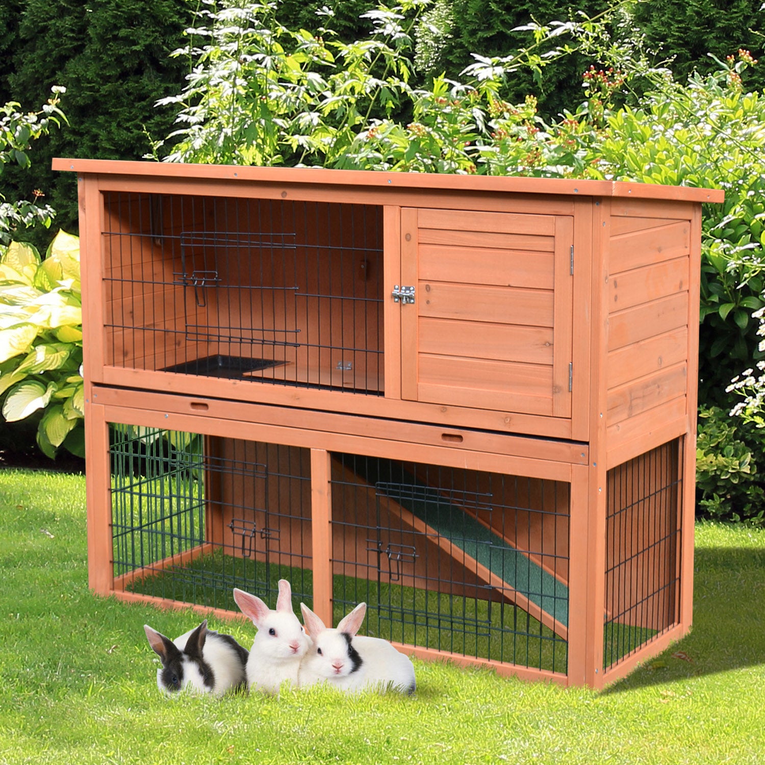 PawHut 48x20x36Inch Wooden Rabbit Hutch Backyard Bunny Cage Small Animal House w/ Outdoor Run, Red