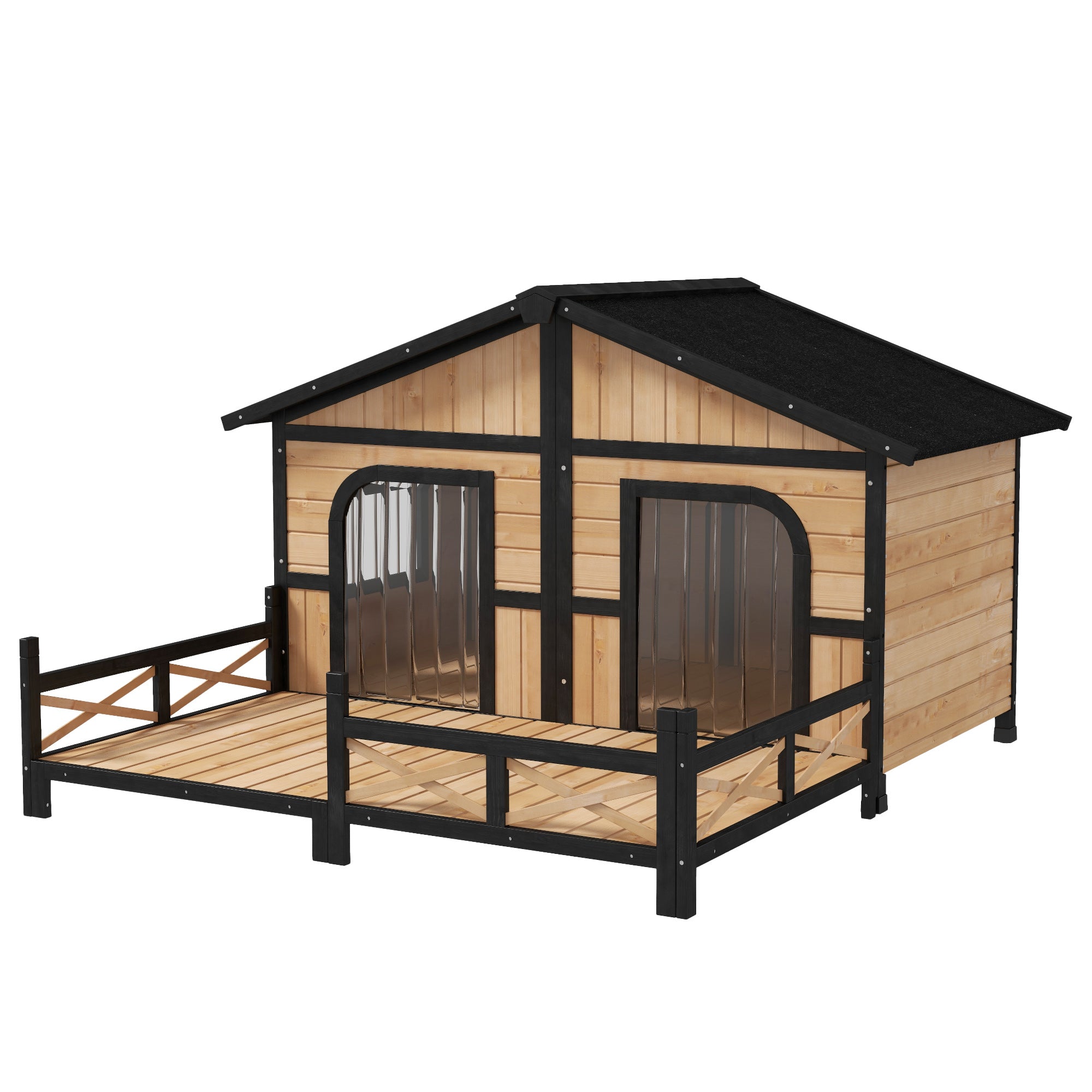 PawHut Dog House Outdoor, Extra Large Luxury Elevated Pet Bed for 2 Small Medium Dogs, Waterproof Dog Shelter with Porch Deck, 59" x 64" x 39", Natural Wood