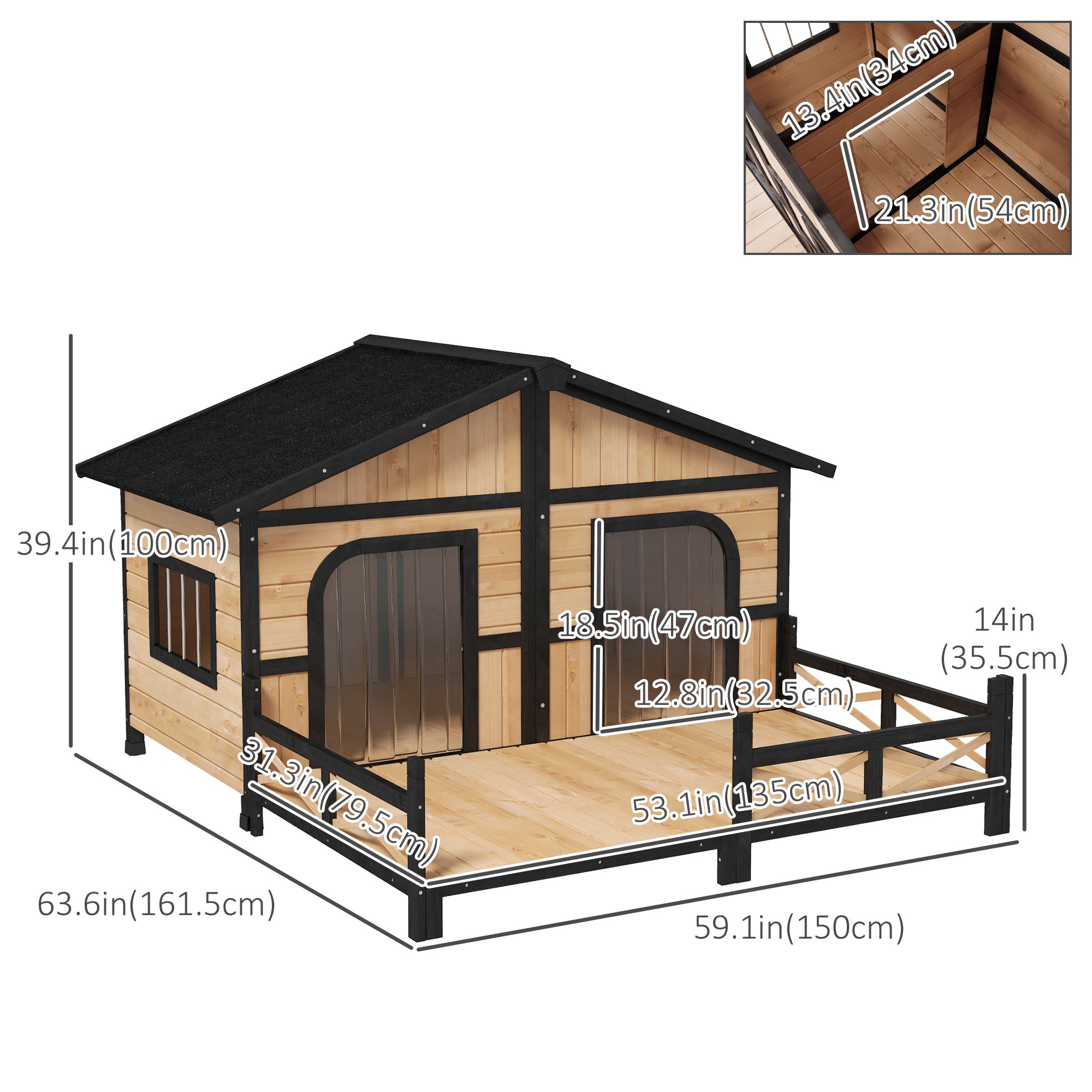 PawHut Dog House Outdoor, Extra Large Luxury Elevated Pet Bed for 2 Small Medium Dogs, Waterproof Dog Shelter with Porch Deck, 59" x 64" x 39", Natural Wood