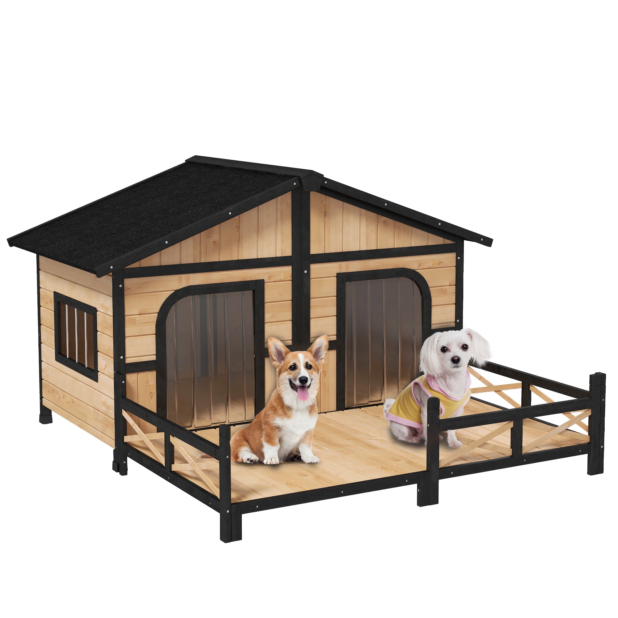 PawHut Dog House Outdoor, Extra Large Luxury Elevated Pet Bed for 2 Small Medium Dogs, Waterproof Dog Shelter with Porch Deck, 59" x 64" x 39", Natural Wood