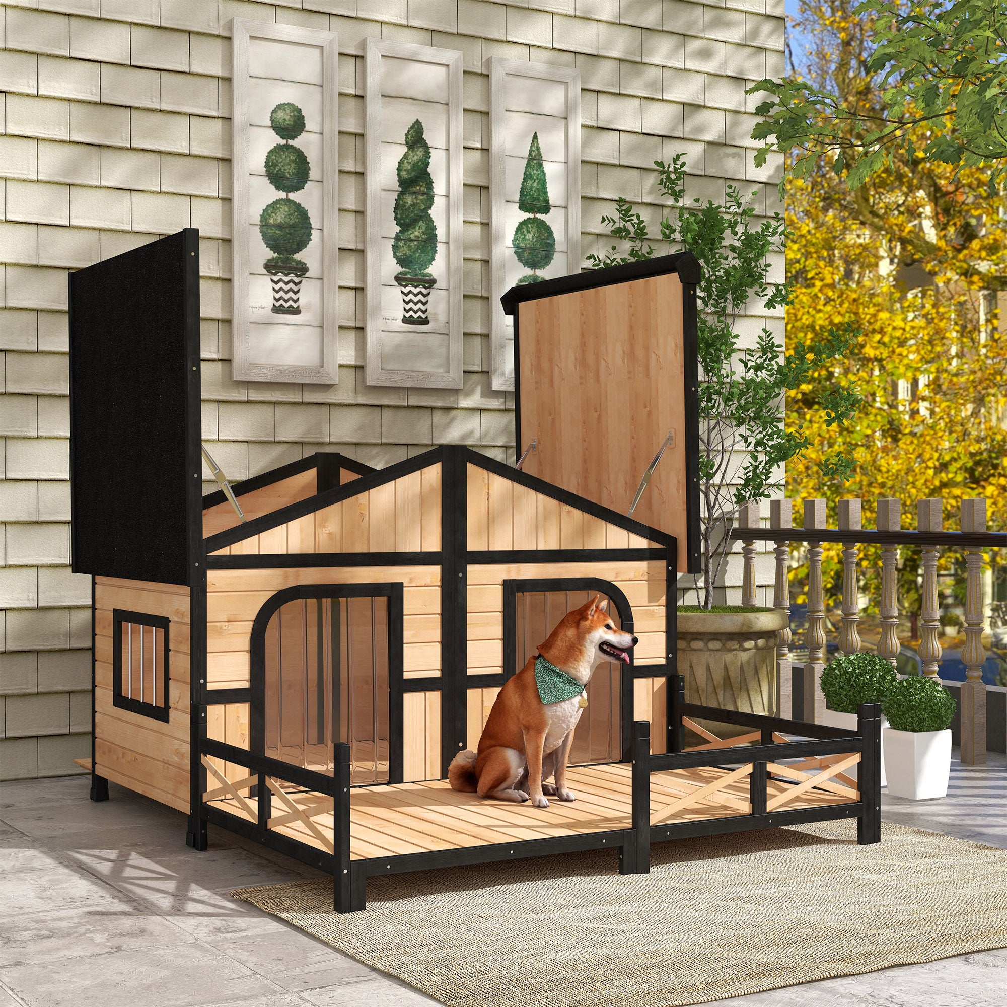 PawHut Dog House Outdoor, Extra Large Luxury Elevated Pet Bed for 2 Small Medium Dogs, Waterproof Dog Shelter with Porch Deck, 59" x 64" x 39", Natural Wood