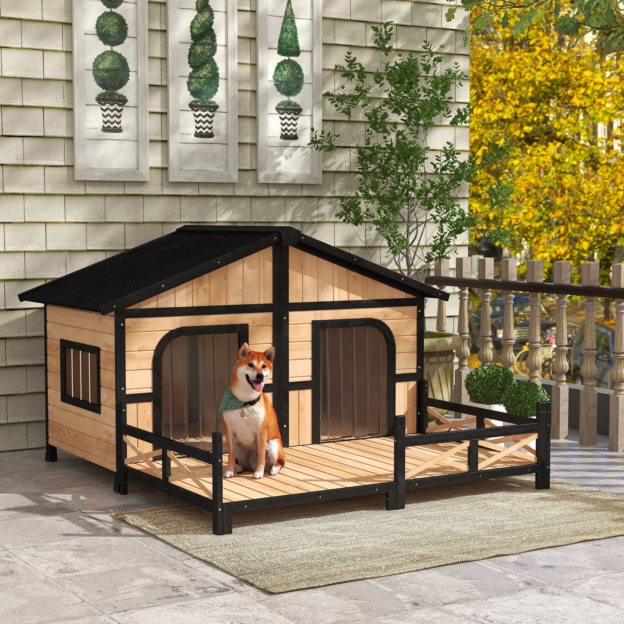PawHut Dog House Outdoor, Extra Large Luxury Elevated Pet Bed for 2 Small Medium Dogs, Waterproof Dog Shelter with Porch Deck, 59" x 64" x 39", Natural Wood