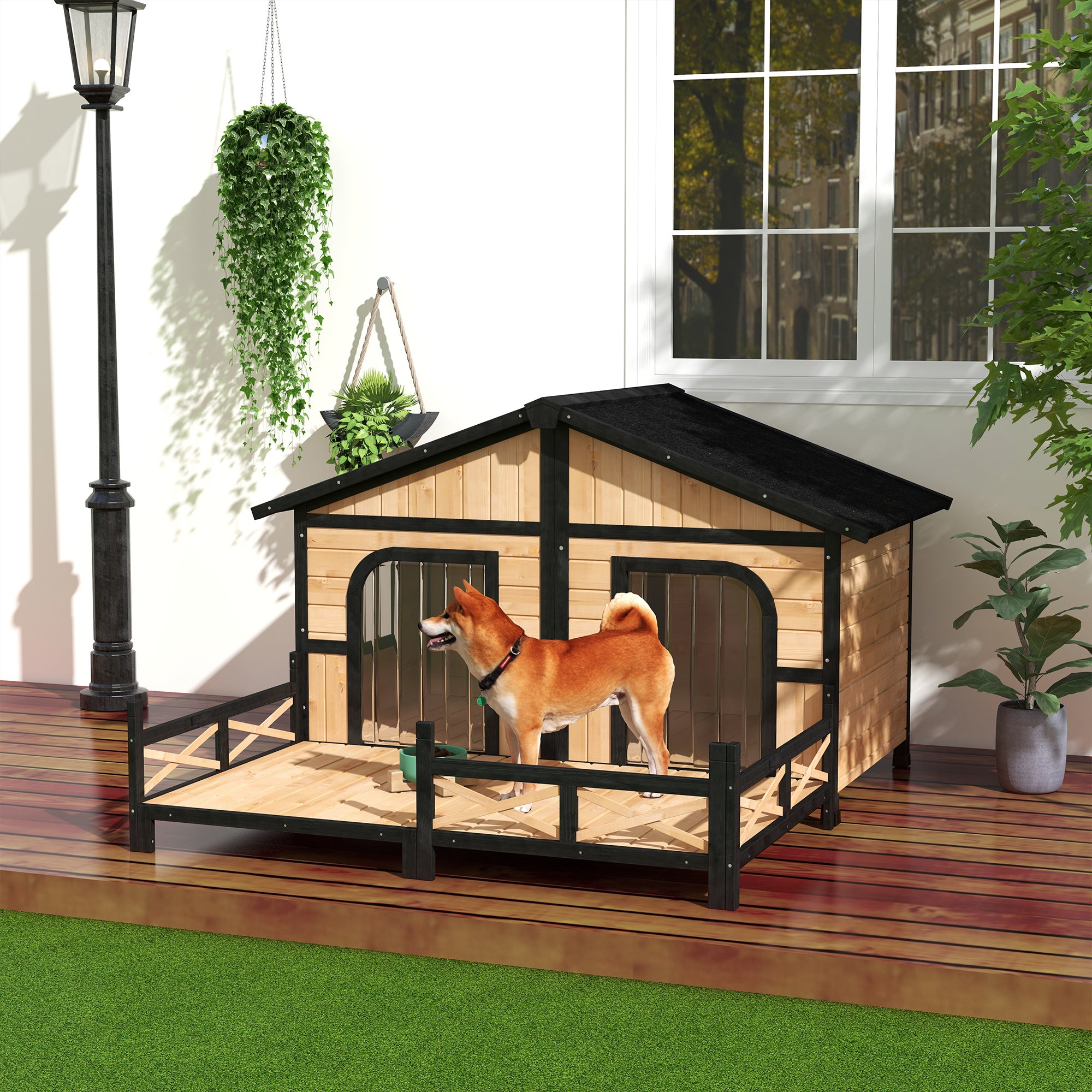 PawHut Dog House Outdoor, Extra Large Luxury Elevated Pet Bed for 2 Small Medium Dogs, Waterproof Dog Shelter with Porch Deck, 59" x 64" x 39", Natural Wood