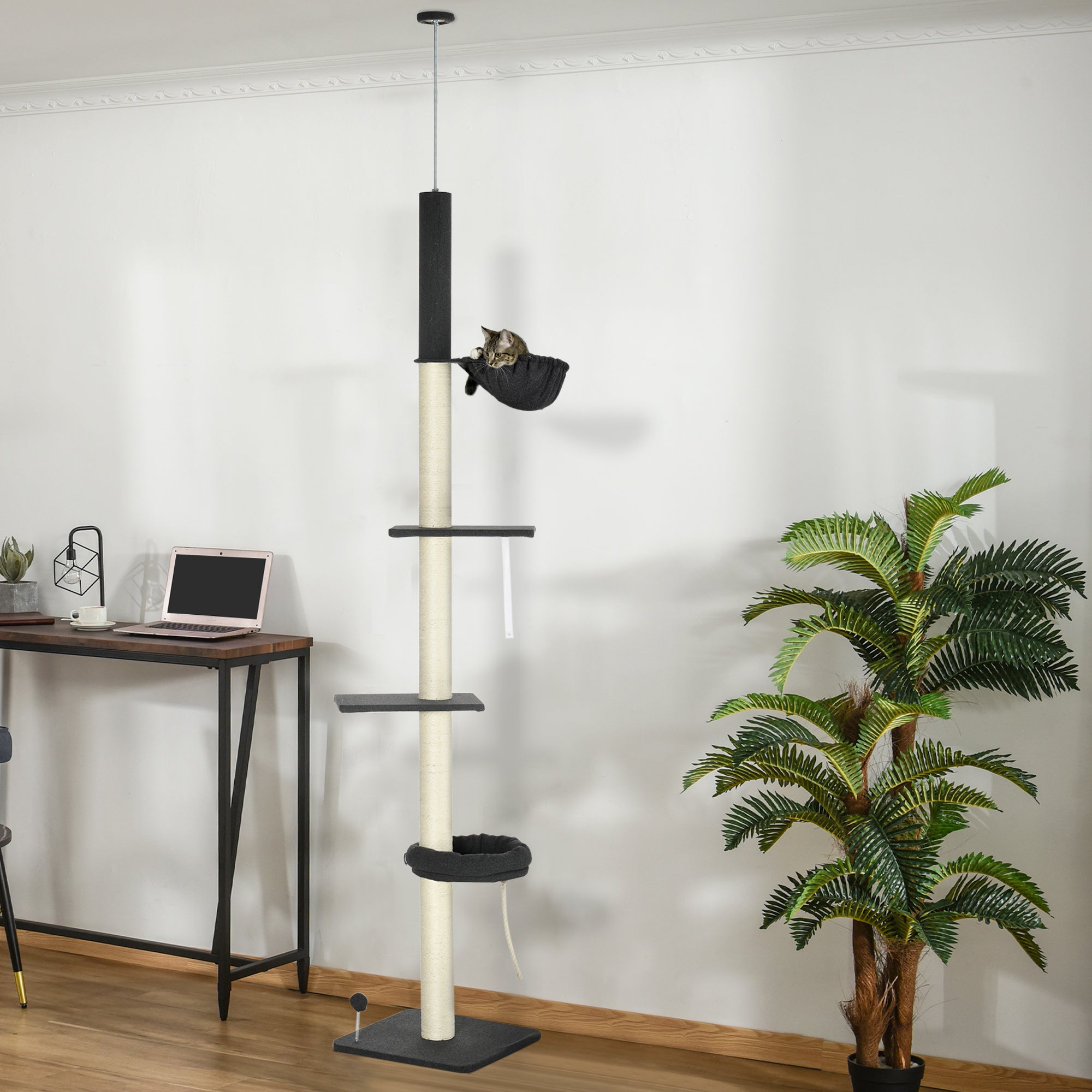PawHut Floor To Ceiling Cat Tree, 5 Tier Height Adjustable Cat Climbing Tower with Scratching Post, Hammock, Bed for Indoor Cats, 240-270cm, Black