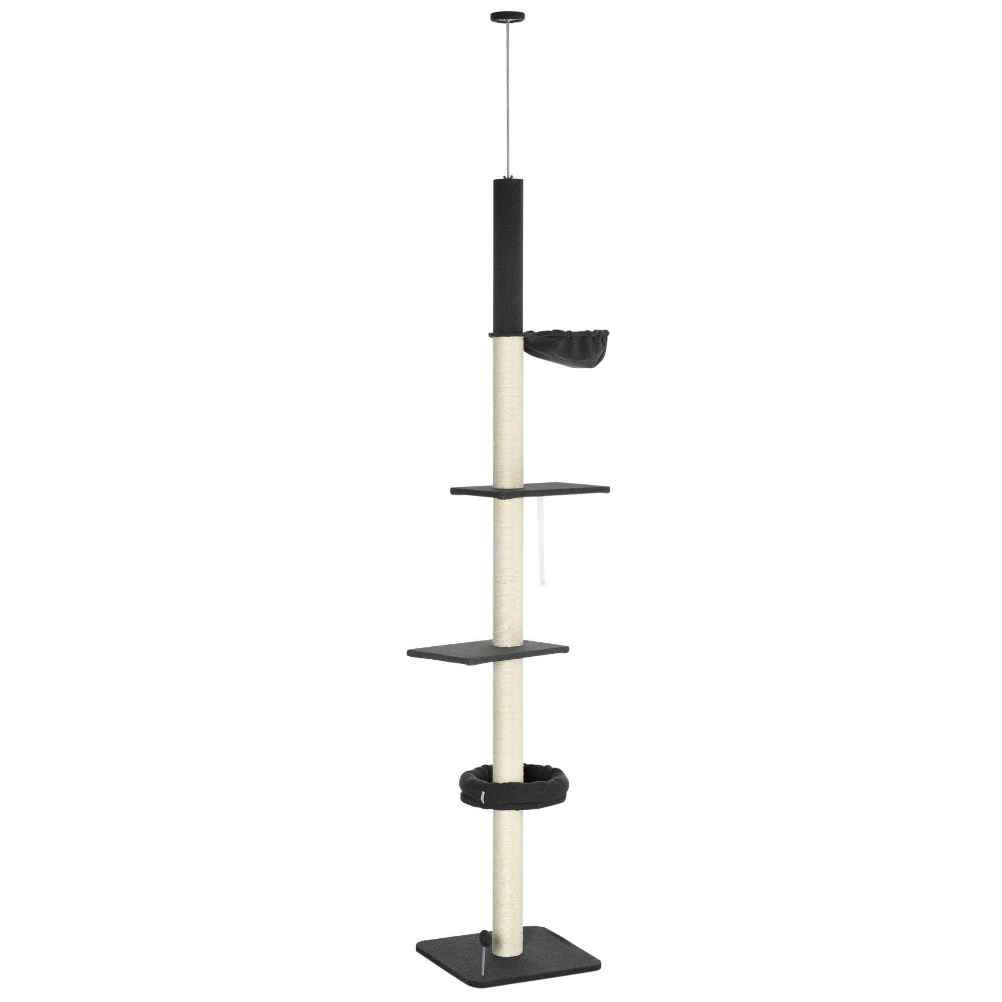 PawHut Floor To Ceiling Cat Tree, 5 Tier Height Adjustable Cat Climbing Tower with Scratching Post, Hammock, Bed for Indoor Cats, 240-270cm, Black