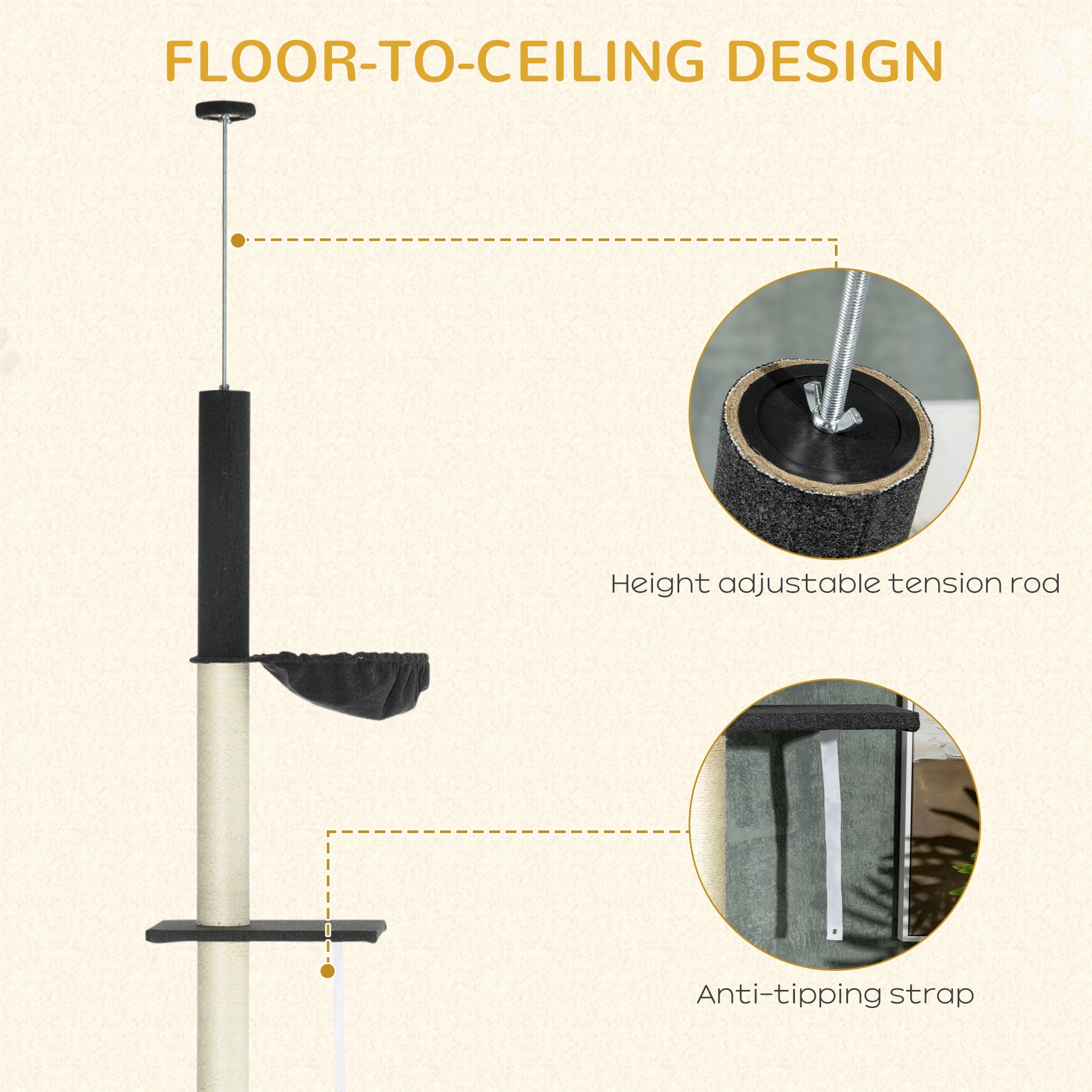 PawHut Floor To Ceiling Cat Tree, 5 Tier Height Adjustable Cat Climbing Tower with Scratching Post, Hammock, Bed for Indoor Cats, 240-270cm, Black