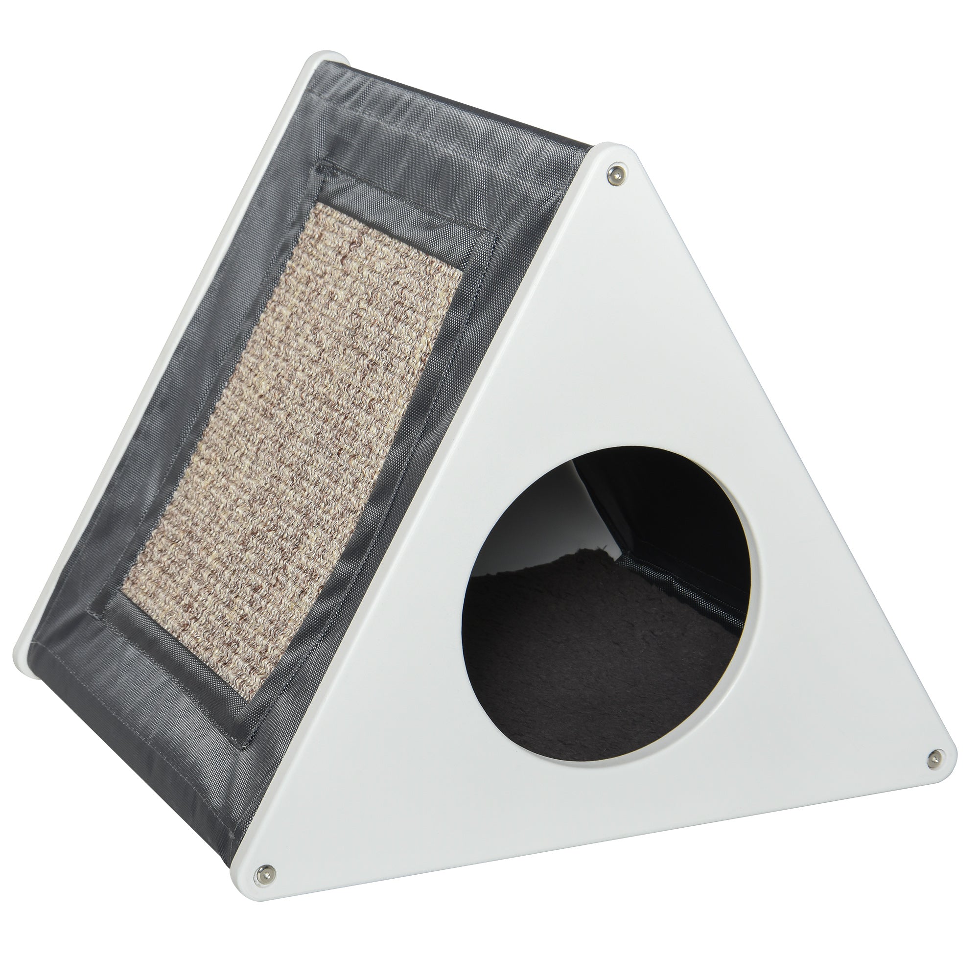 PawHut Wooden Cat House Triangle Shaped Bed Kitten Condo with Removable Cushion, Sisal Scratching Carpet, Grey and White