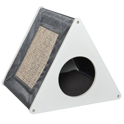 PawHut Wooden Cat House Triangle Shaped Bed Kitten Condo with Removable Cushion, Sisal Scratching Carpet, Grey and White