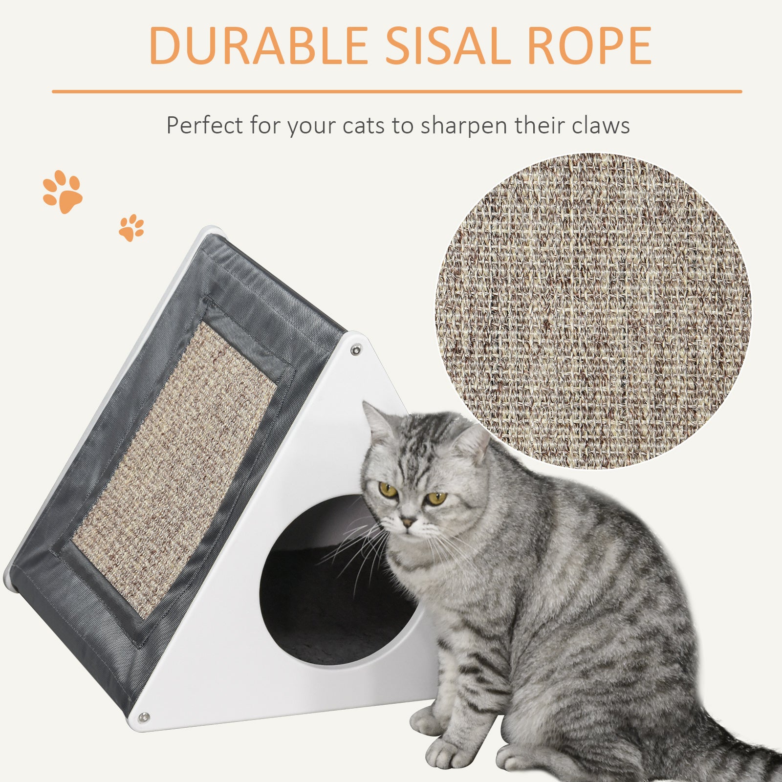 PawHut Wooden Cat House Triangle Shaped Bed Kitten Condo with Removable Cushion, Sisal Scratching Carpet, Grey and White
