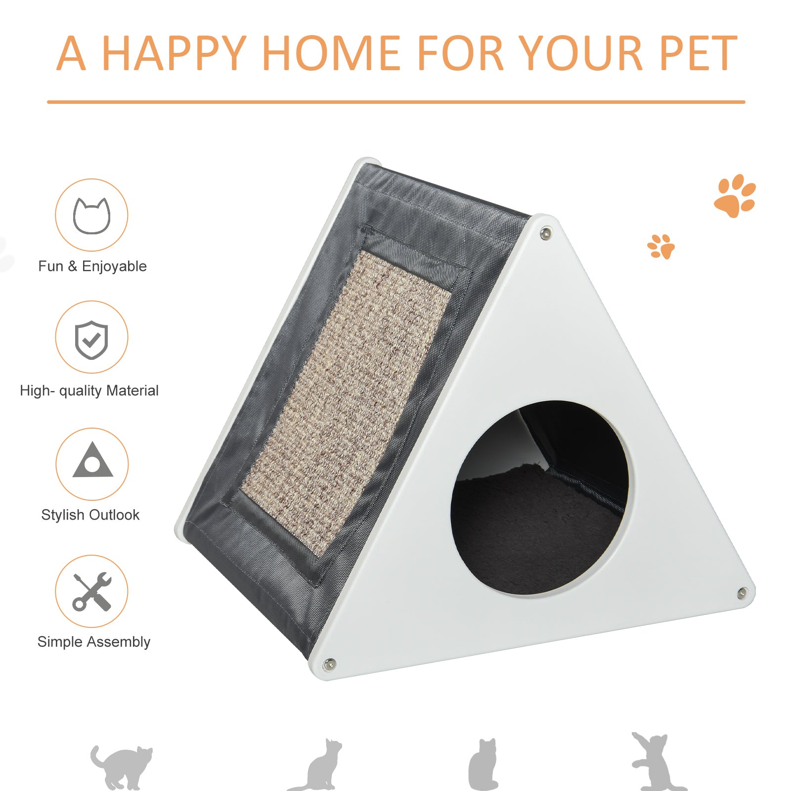 PawHut Wooden Cat House Triangle Shaped Bed Kitten Condo with Removable Cushion, Sisal Scratching Carpet, Grey and White