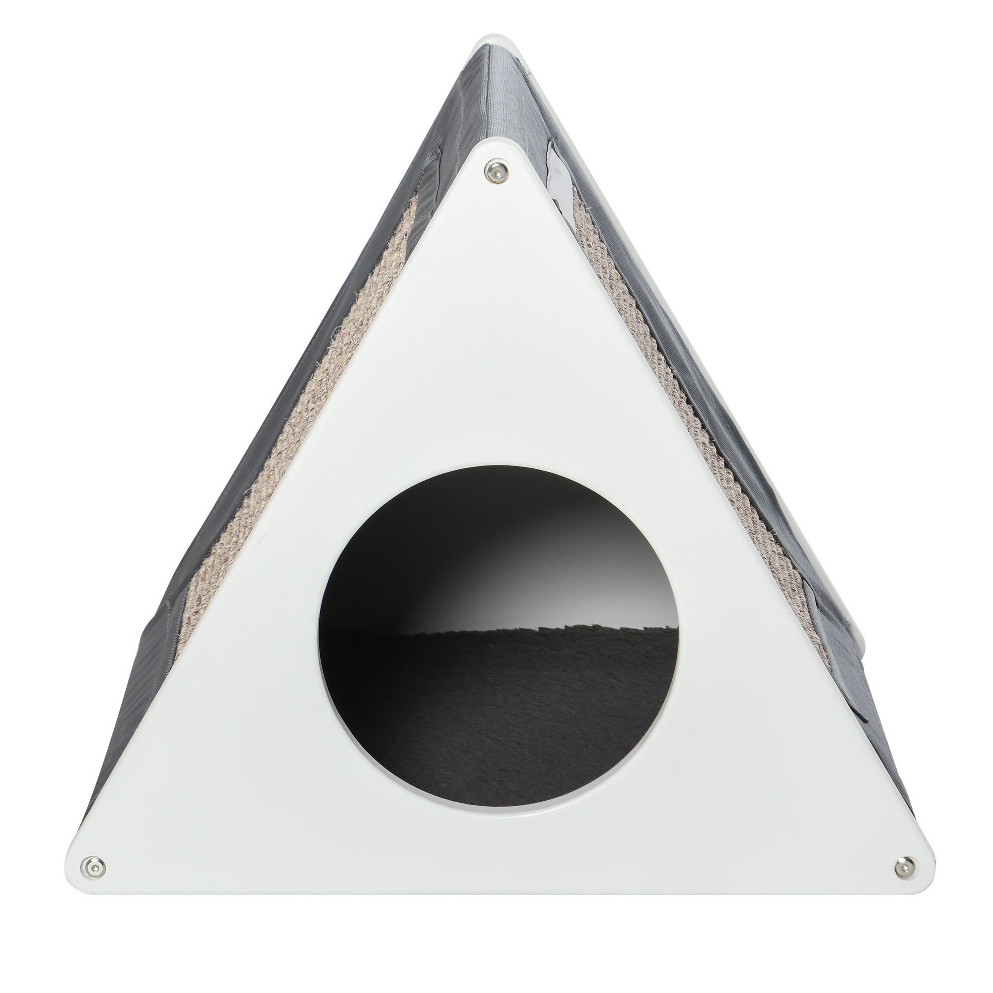 PawHut Wooden Cat House Triangle Shaped Bed Kitten Condo with Removable Cushion, Sisal Scratching Carpet, Grey and White
