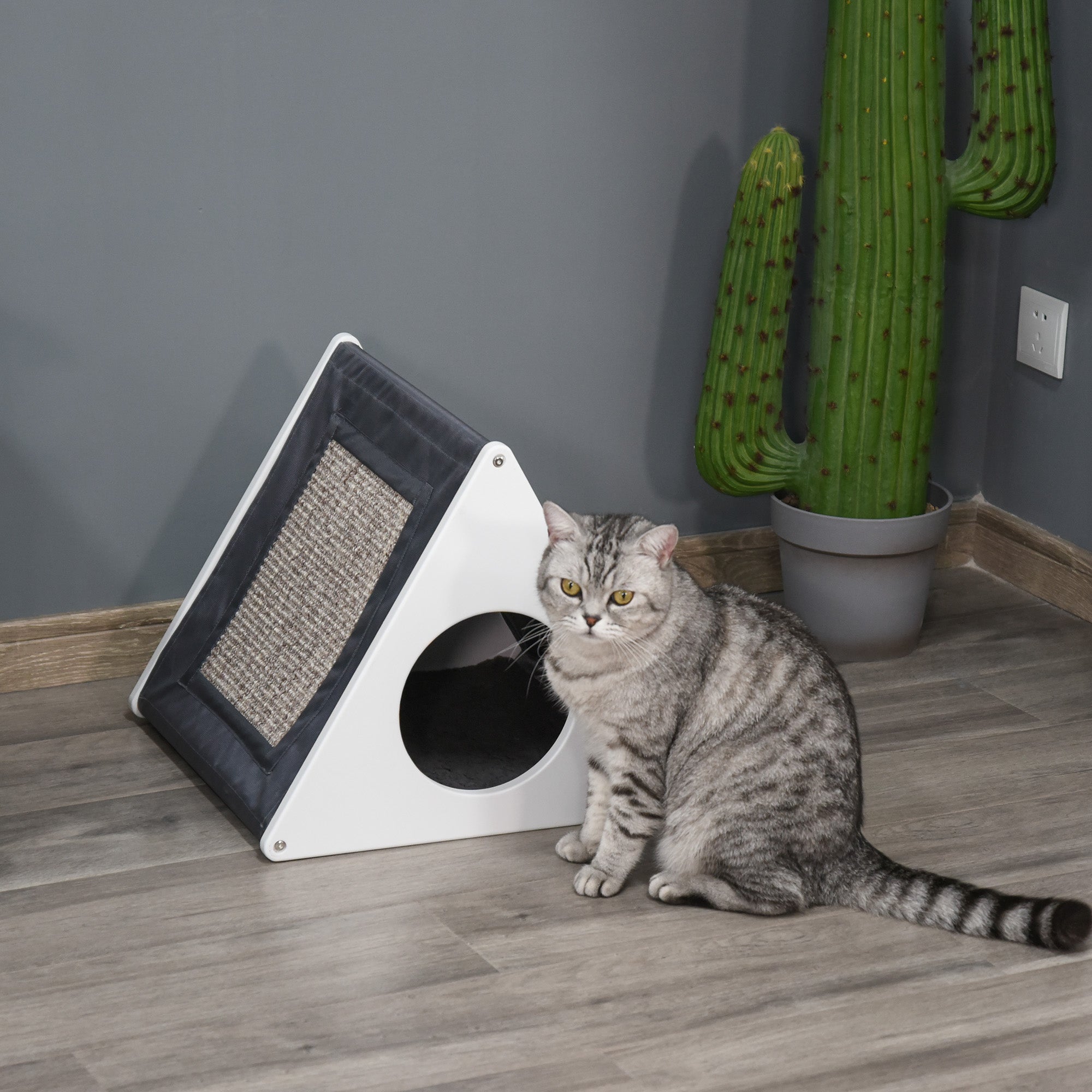 PawHut Wooden Cat House Triangle Shaped Bed Kitten Condo with Removable Cushion, Sisal Scratching Carpet, Grey and White