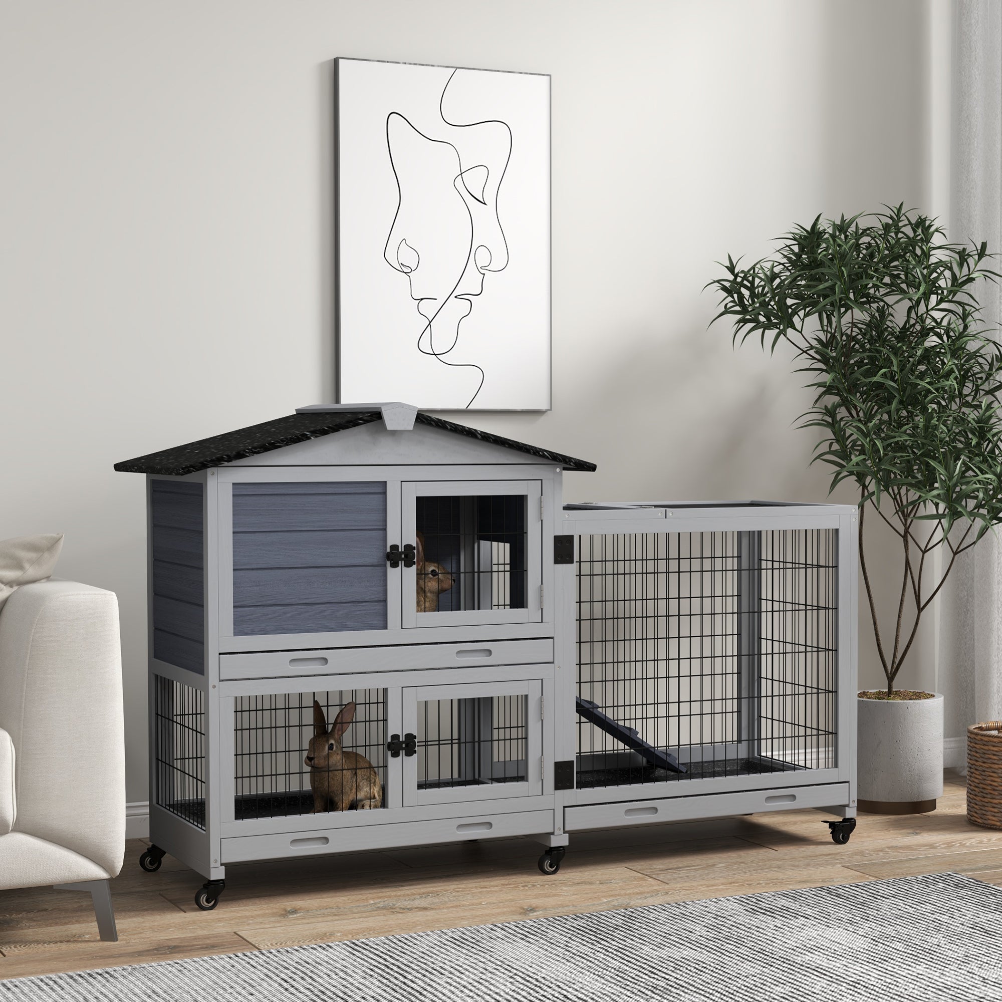 PawHut Rabbit Hutch Guinea Pig Hutch With Run Wooden Small Animal House with Wheels, No-leak Plastic Trays, Openable Top for Outdoor Indoor - Grey