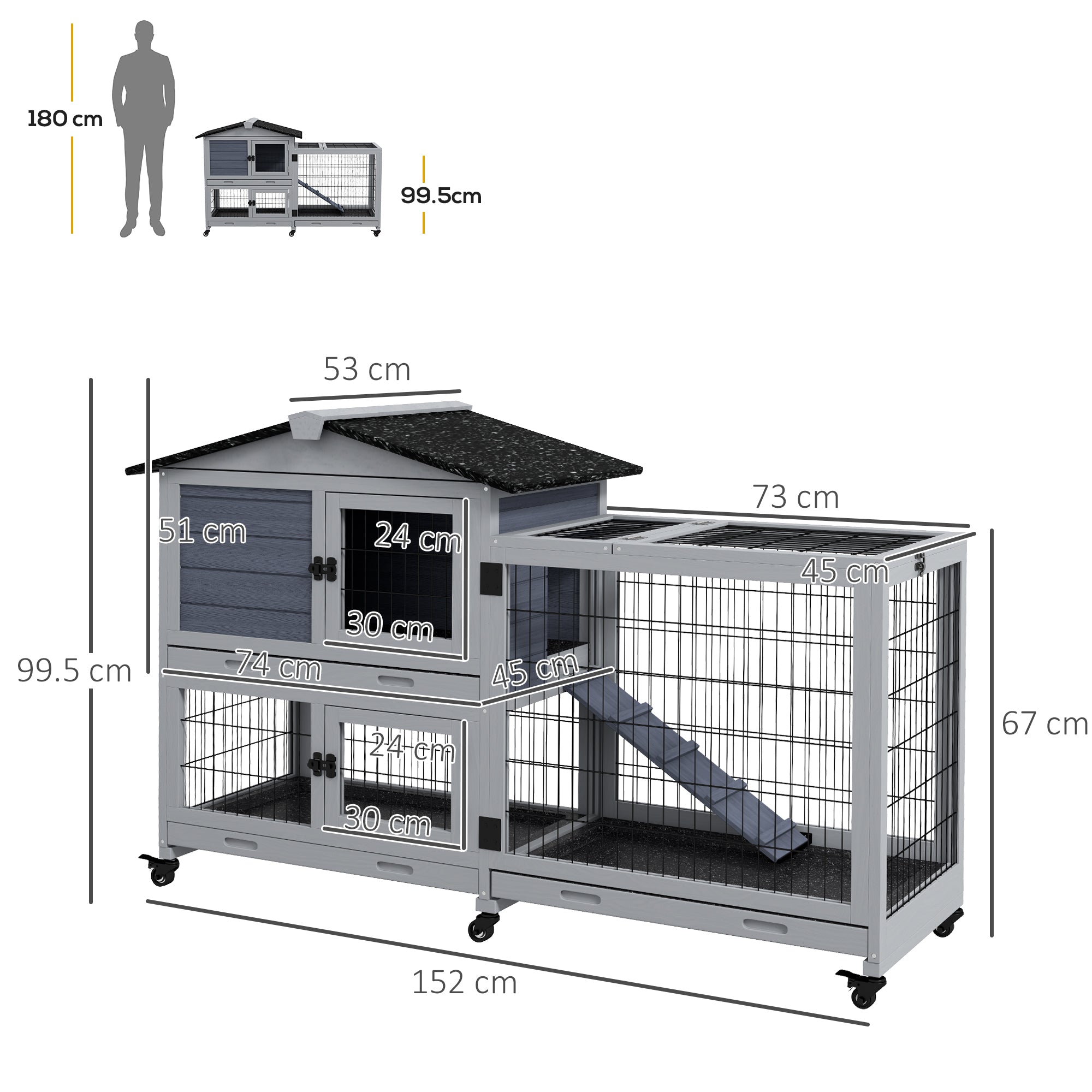 PawHut Rabbit Hutch Guinea Pig Hutch With Run Wooden Small Animal House with Wheels, No-leak Plastic Trays, Openable Top for Outdoor Indoor - Grey