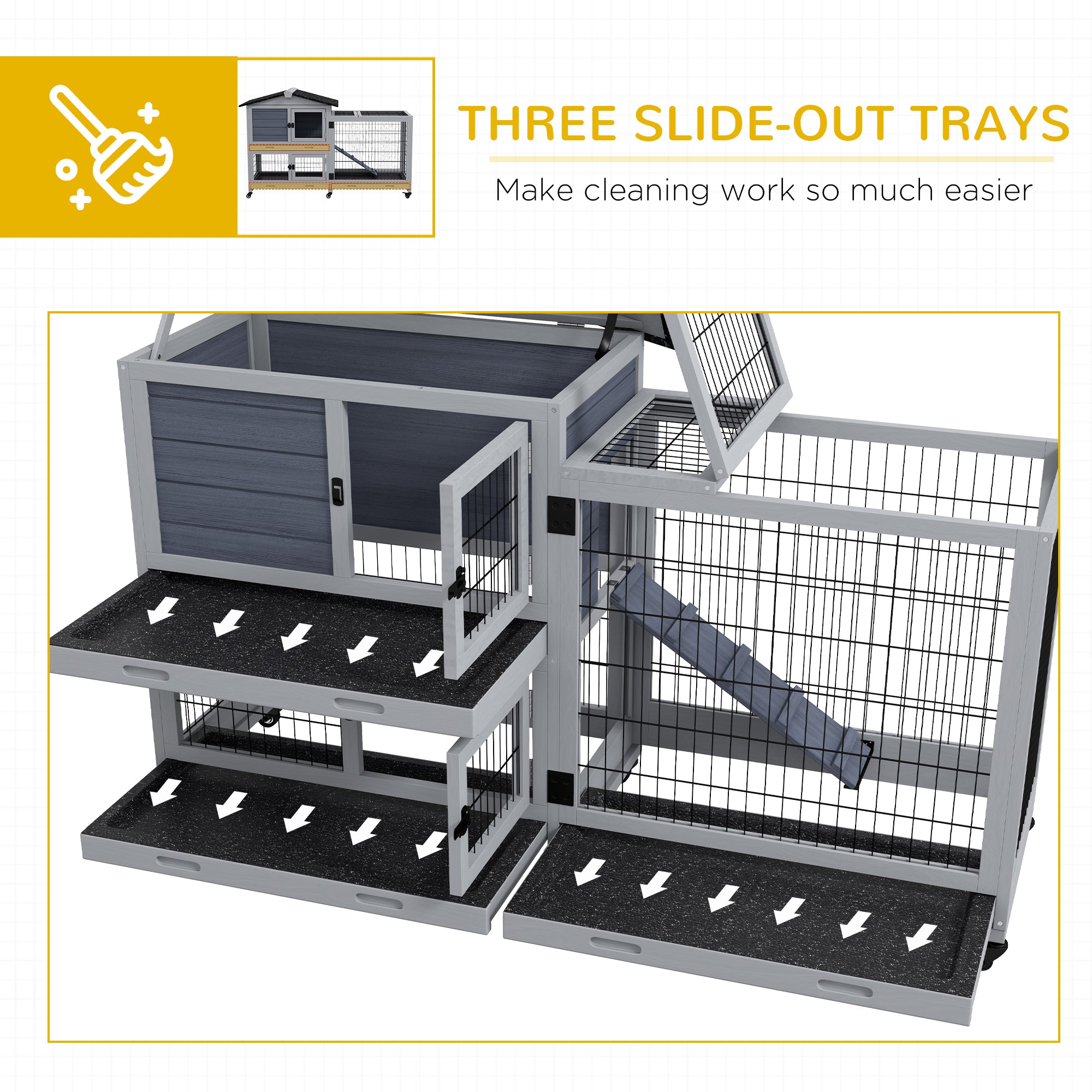 PawHut Large Rabbit Hutch Outdoor Indoor 2-Tier Wooden Bunny Cage Guinea Pig Cage with Run Openable Top Ramp 3 Removable Trays, for 1-2 Rabbits, 60" x 21" x 39", Grey