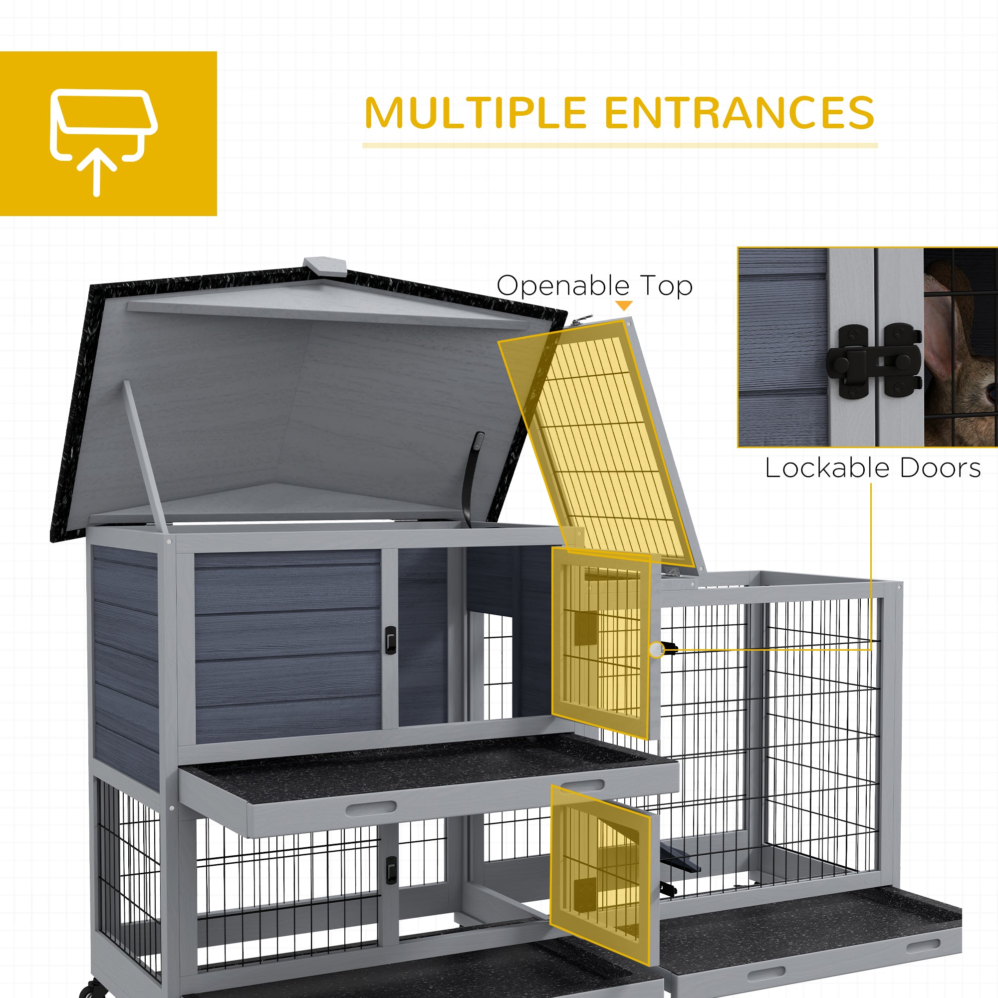 PawHut Large Rabbit Hutch Outdoor Indoor 2-Tier Wooden Bunny Cage Guinea Pig Cage with Run Openable Top Ramp 3 Removable Trays, for 1-2 Rabbits, 60" x 21" x 39", Grey